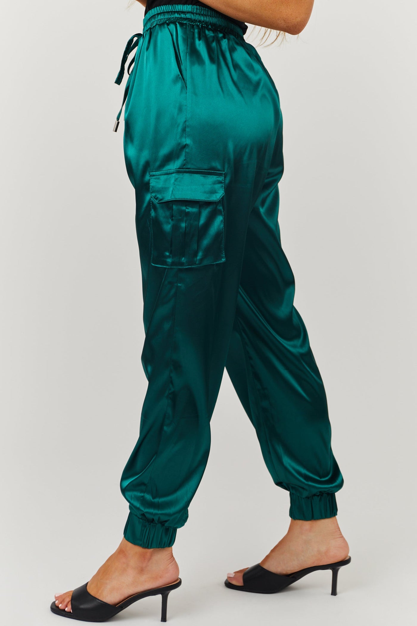 Forest Green Satin Cargo Pocket Smocked Jogger Pants