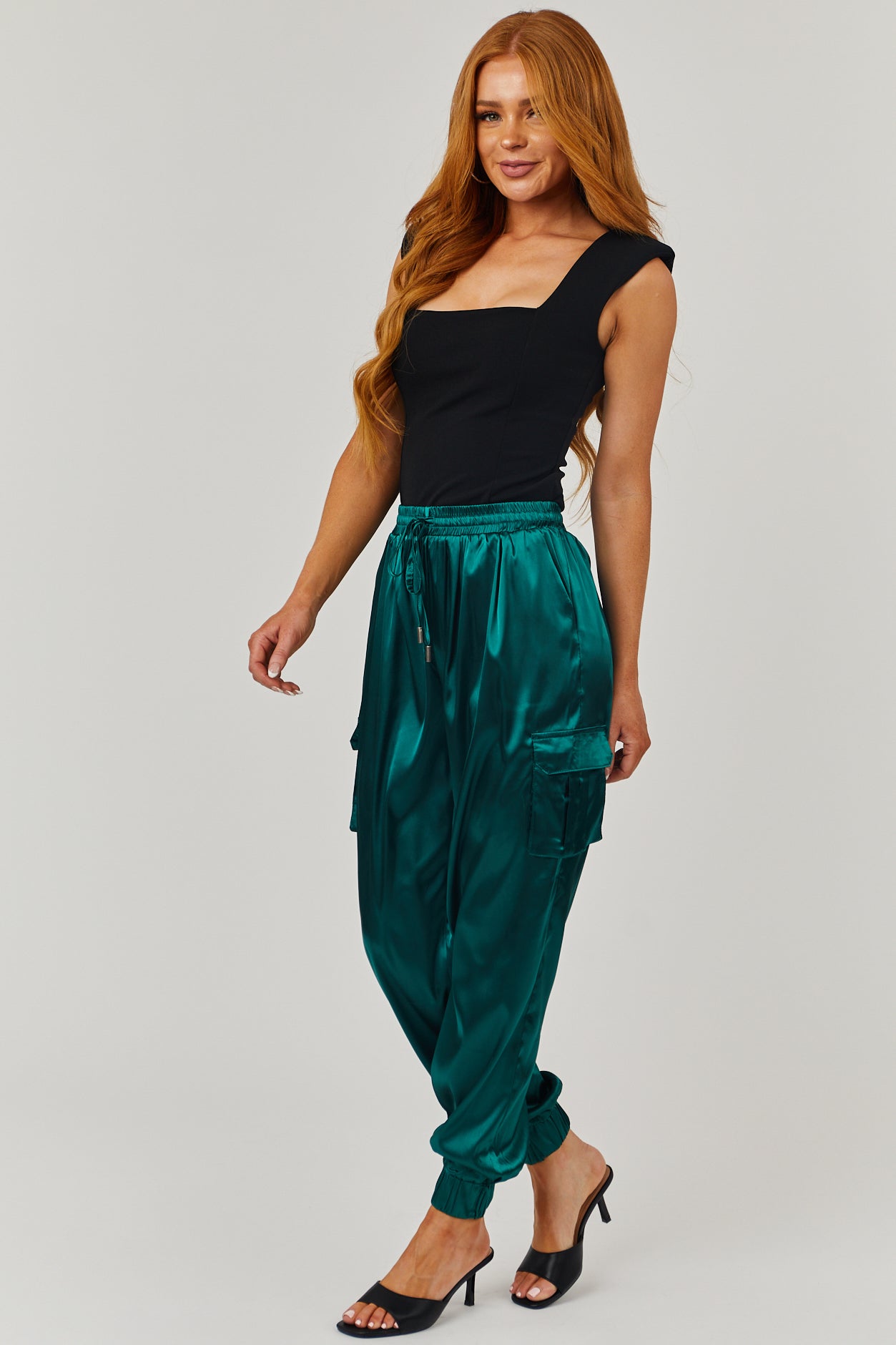 Forest Green Satin Cargo Pocket Smocked Jogger Pants