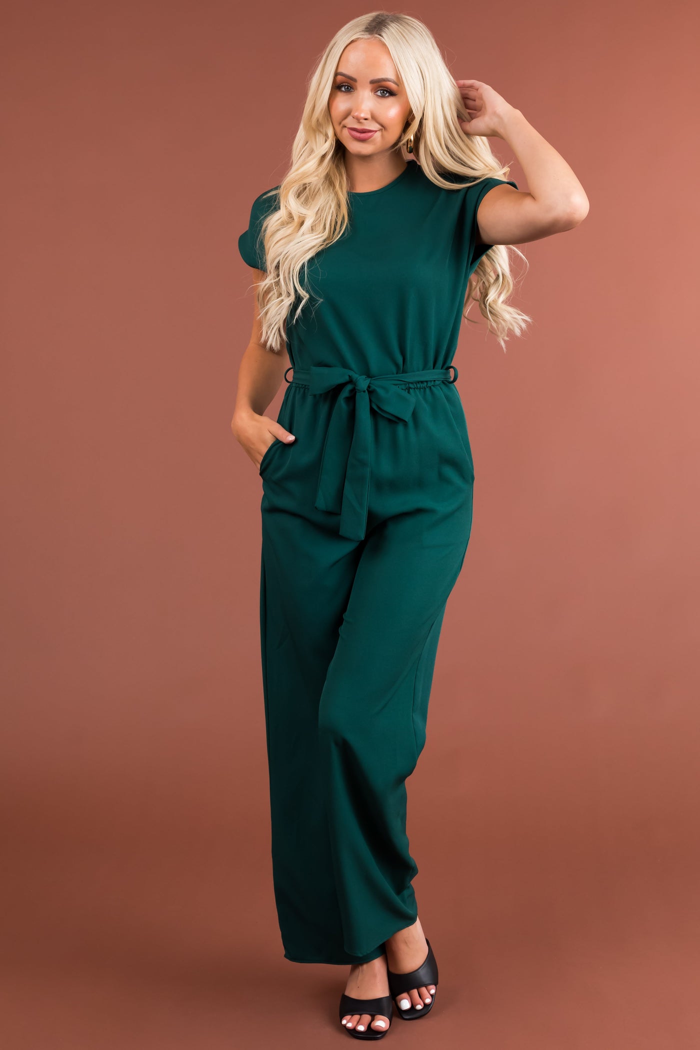 Forest Green Tie Waist Wide Leg Jumpsuit