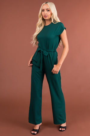 Forest Green Tie Waist Wide Leg Jumpsuit
