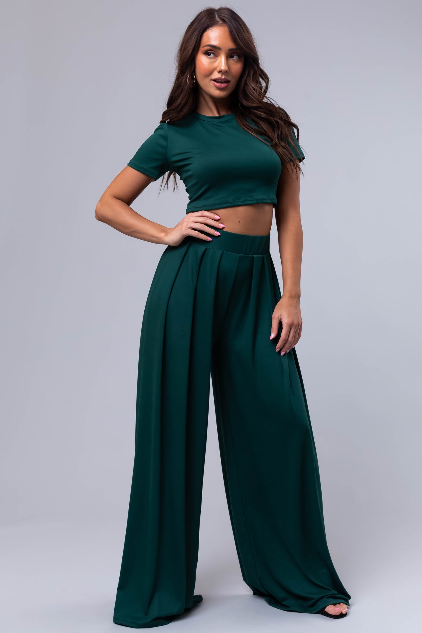 Forest Green Wide Leg Pants with Crop Top Set
