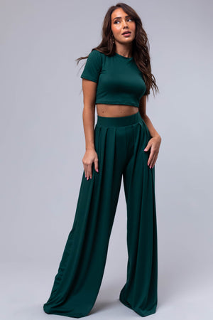 Forest Green Wide Leg Pants with Crop Top Set