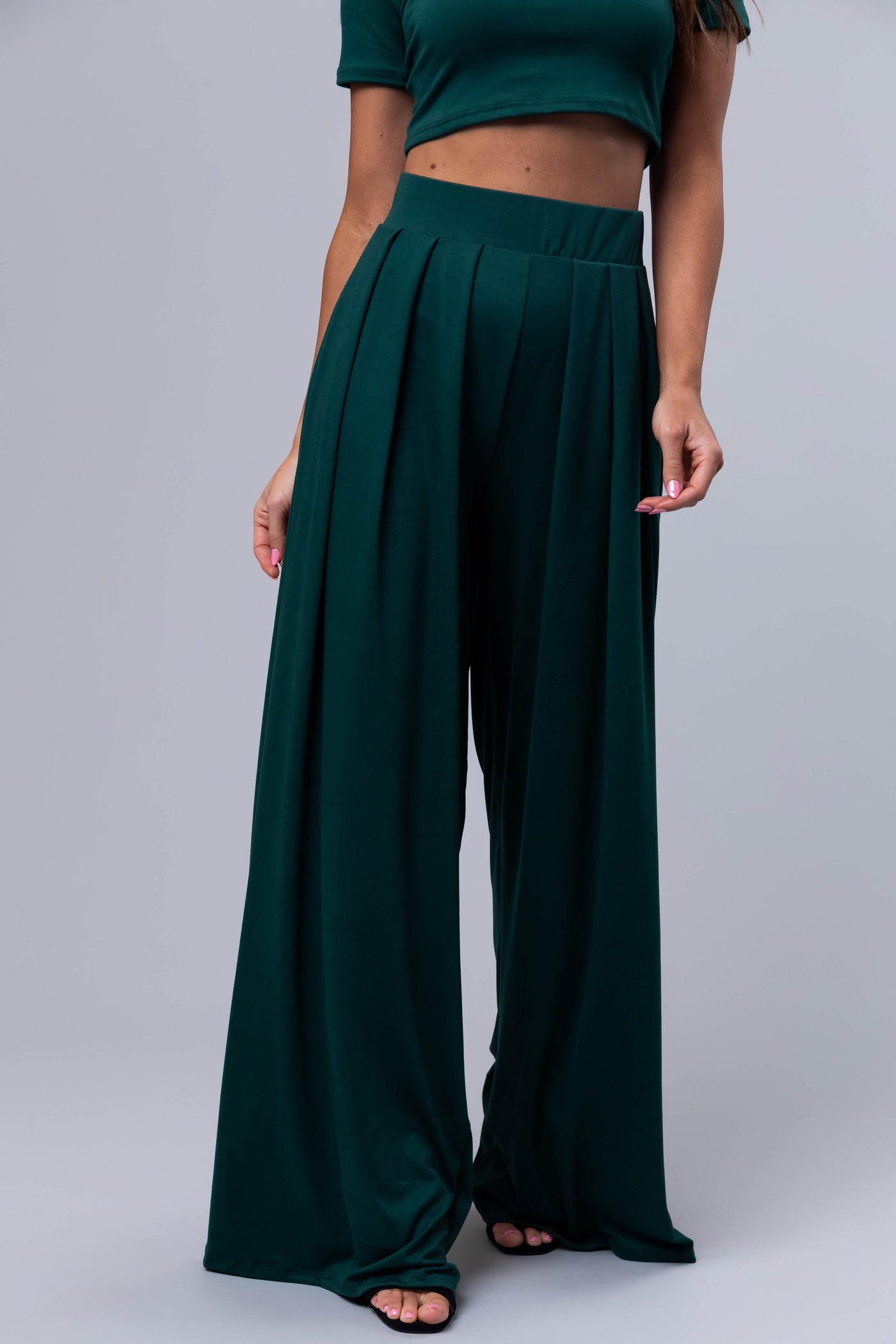 Forest Green Wide Leg Pants with Crop Top Set