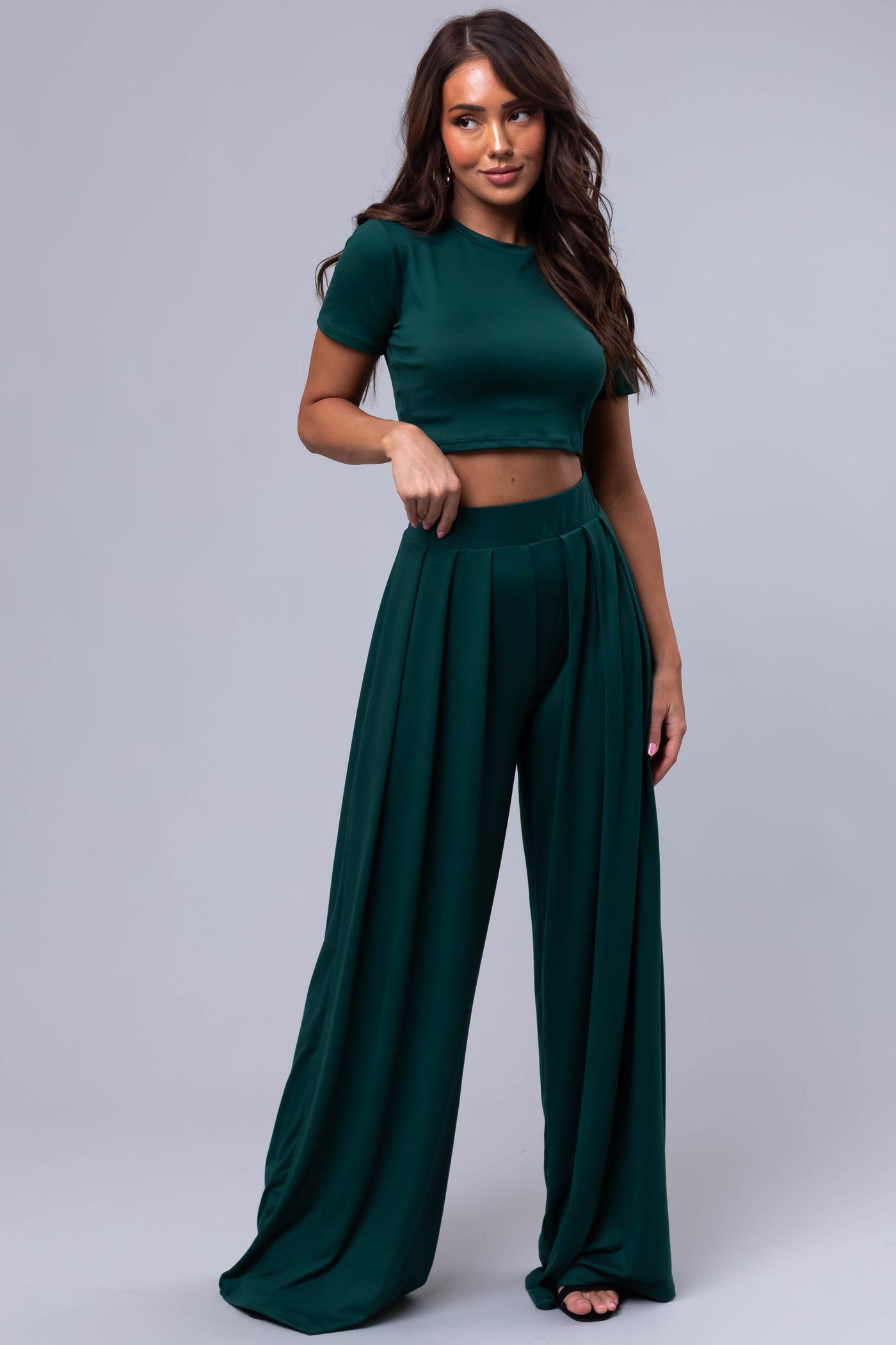 Forest Green Wide Leg Pants with Crop Top Set