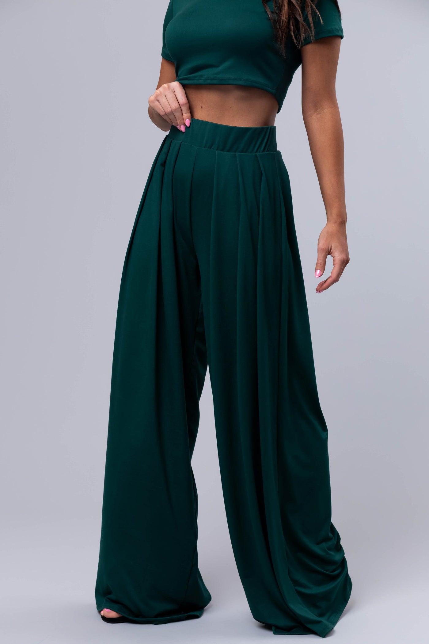 Forest Green Wide Leg Pants with Crop Top Set
