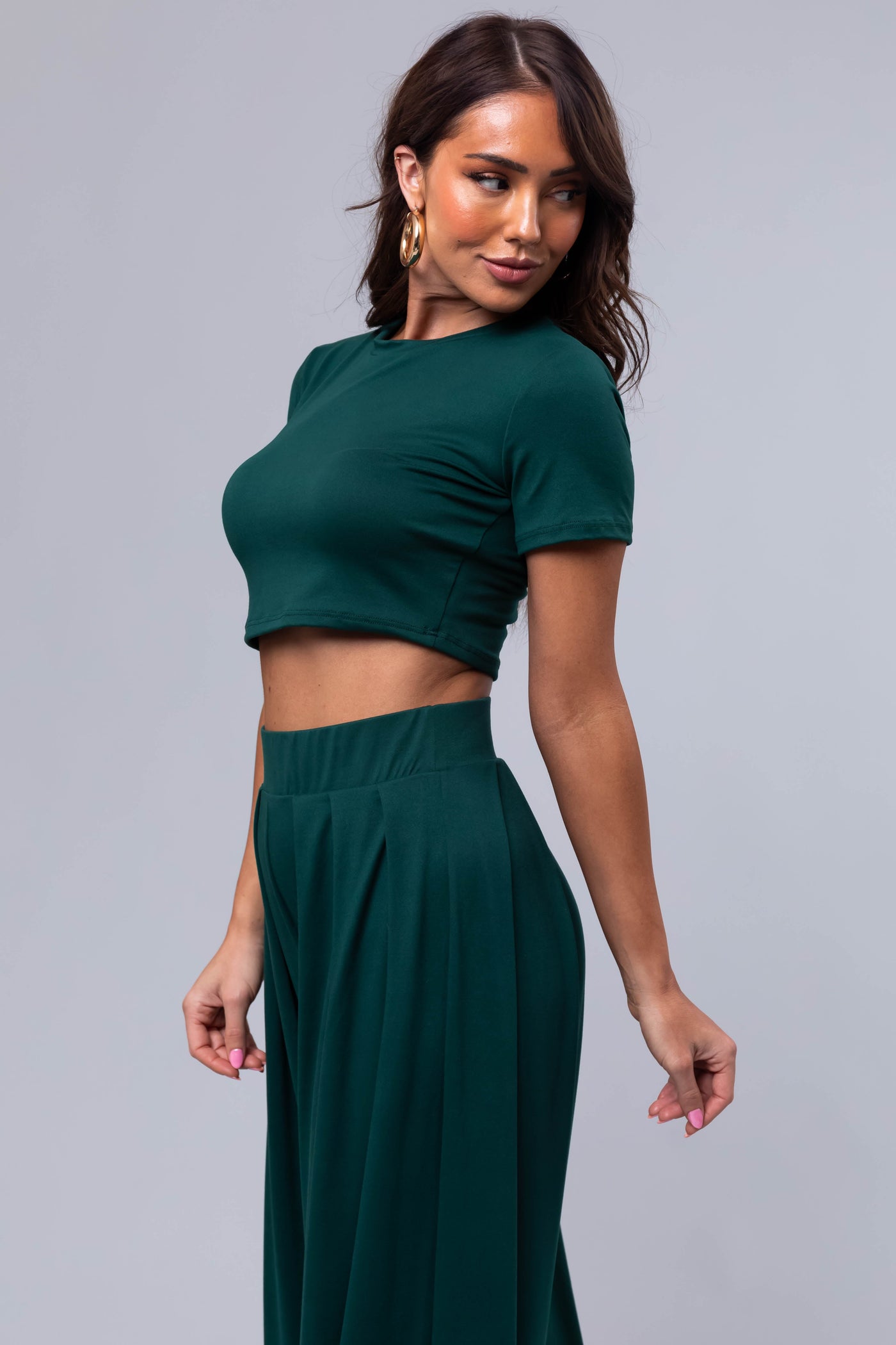 Forest Green Wide Leg Pants with Crop Top Set