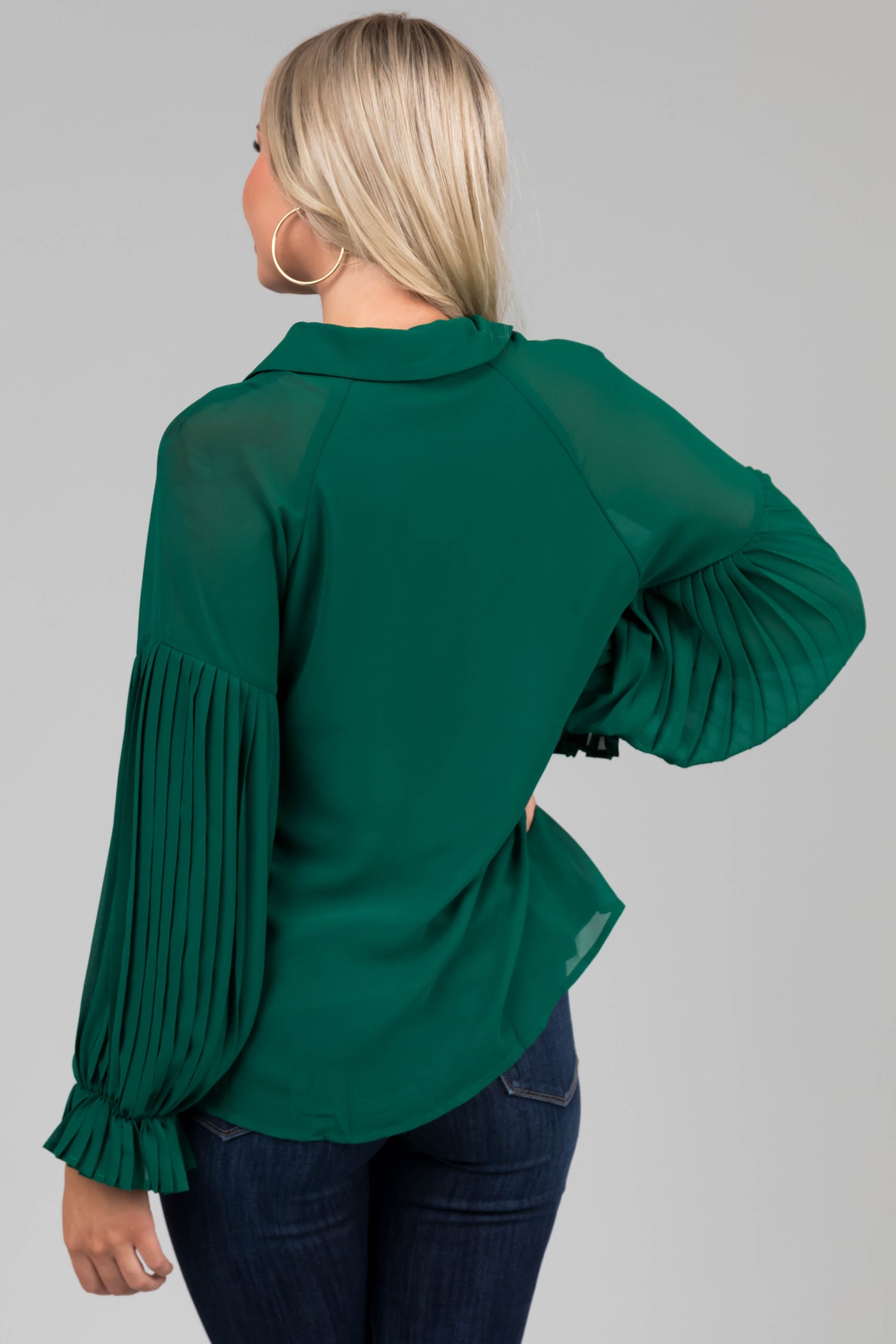 Forest Pleated Poet Sleeve Button Up Blouse