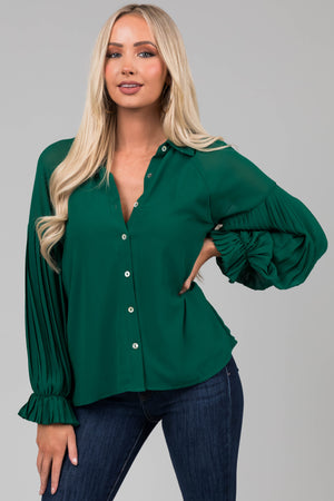 Forest Pleated Poet Sleeve Button Up Blouse