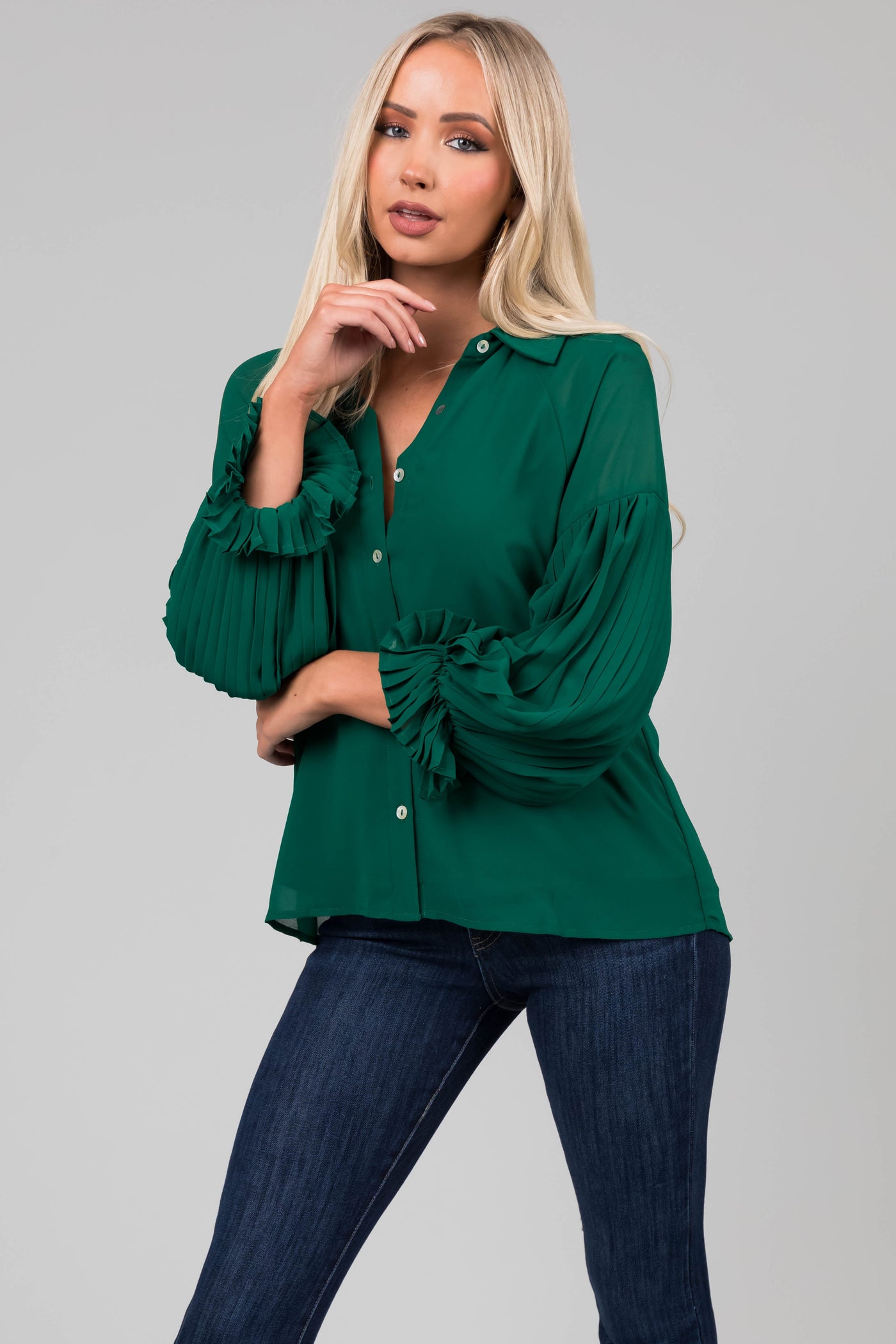 Forest Pleated Poet Sleeve Button Up Blouse