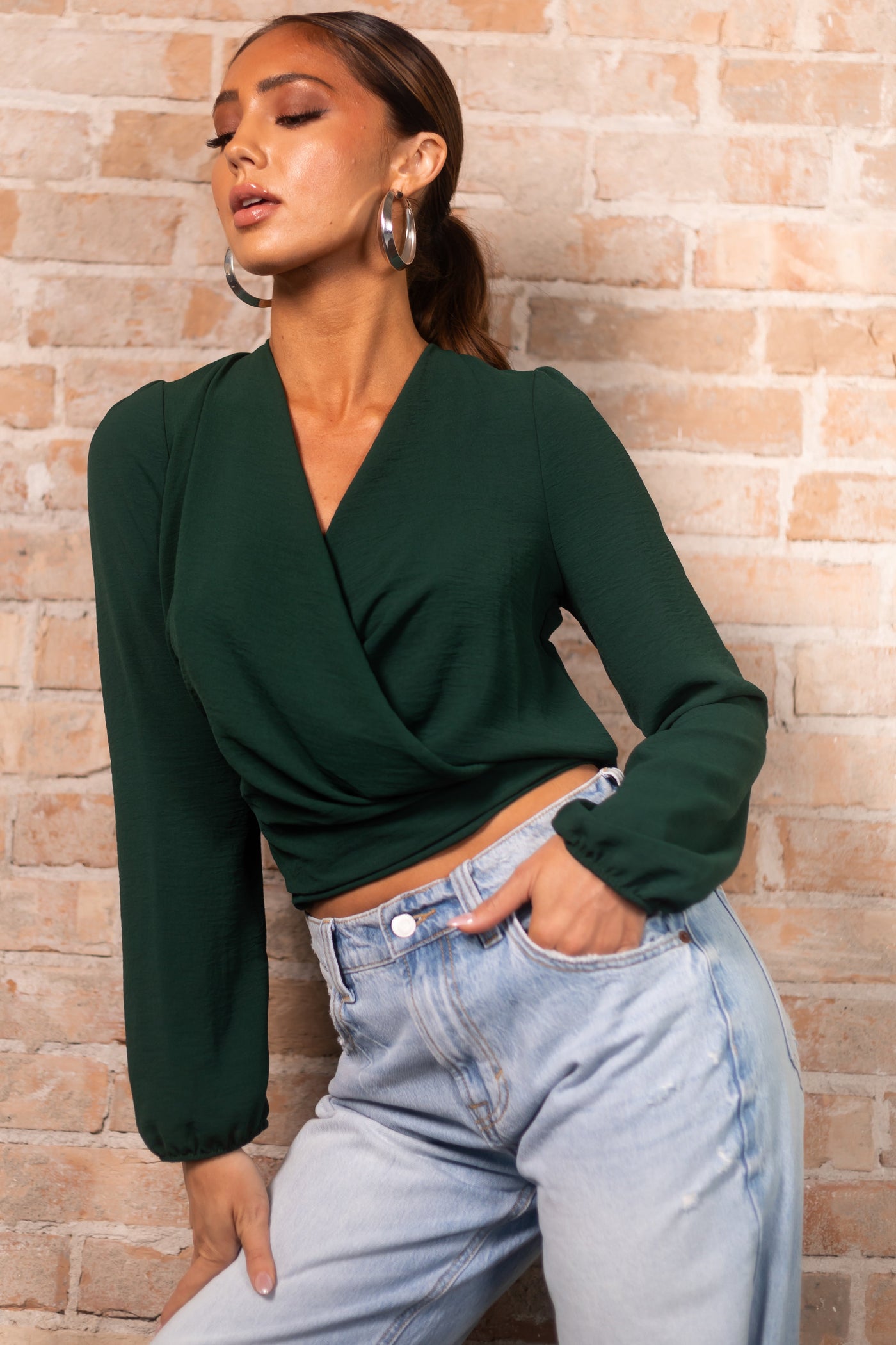 Forest Surplice Long Sleeve Back Tie Blouse