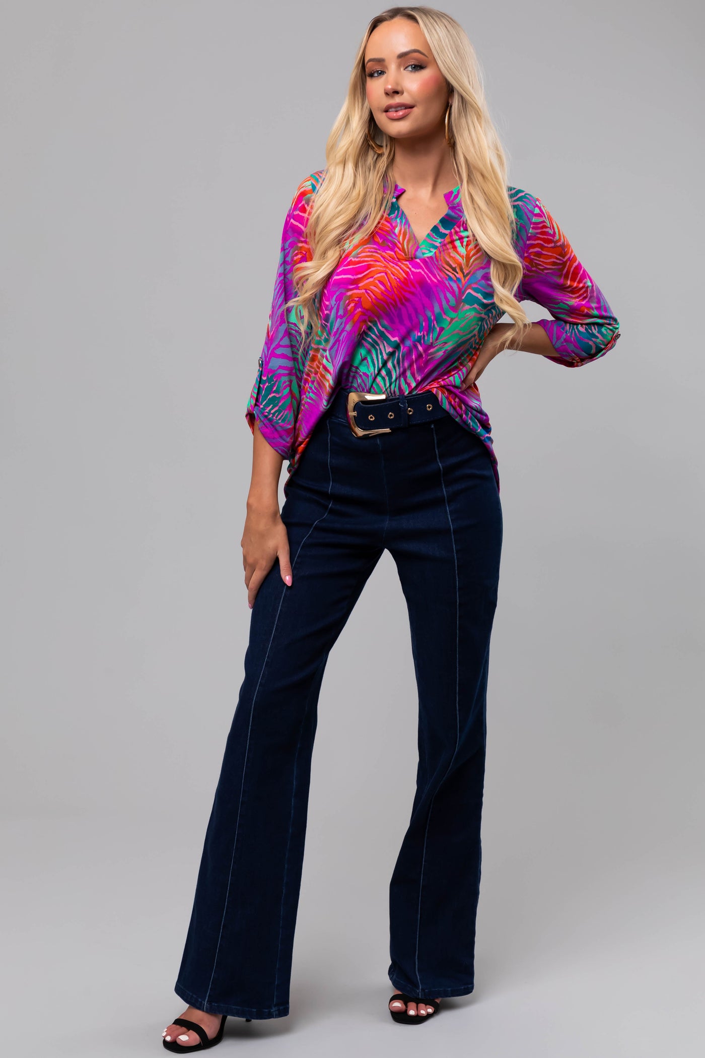 Fuchsia Abstract Print 3/4 Sleeve V-Neck Top