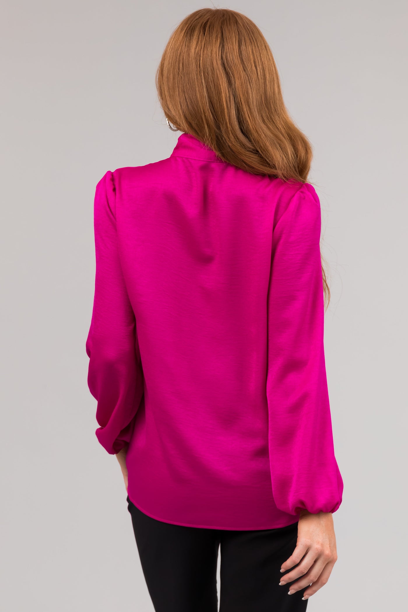 Fuchsia Bow Tie Neck Long Sleeve Satin Blouse