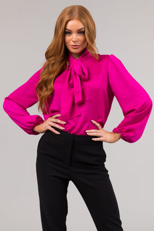 Fuchsia Bow Tie Neck Long Sleeve Satin Blouse