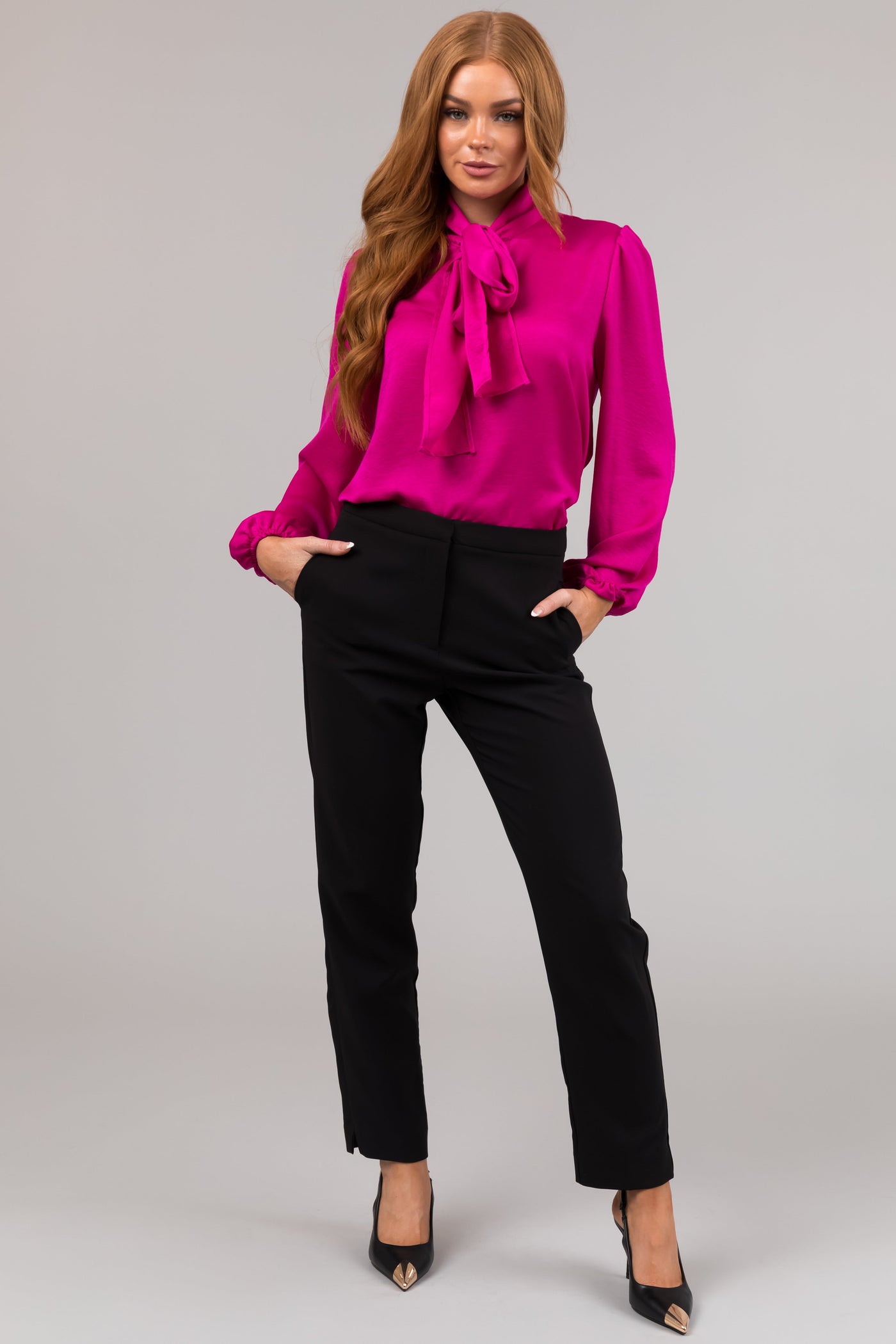 Fuchsia Bow Tie Neck Long Sleeve Satin Blouse