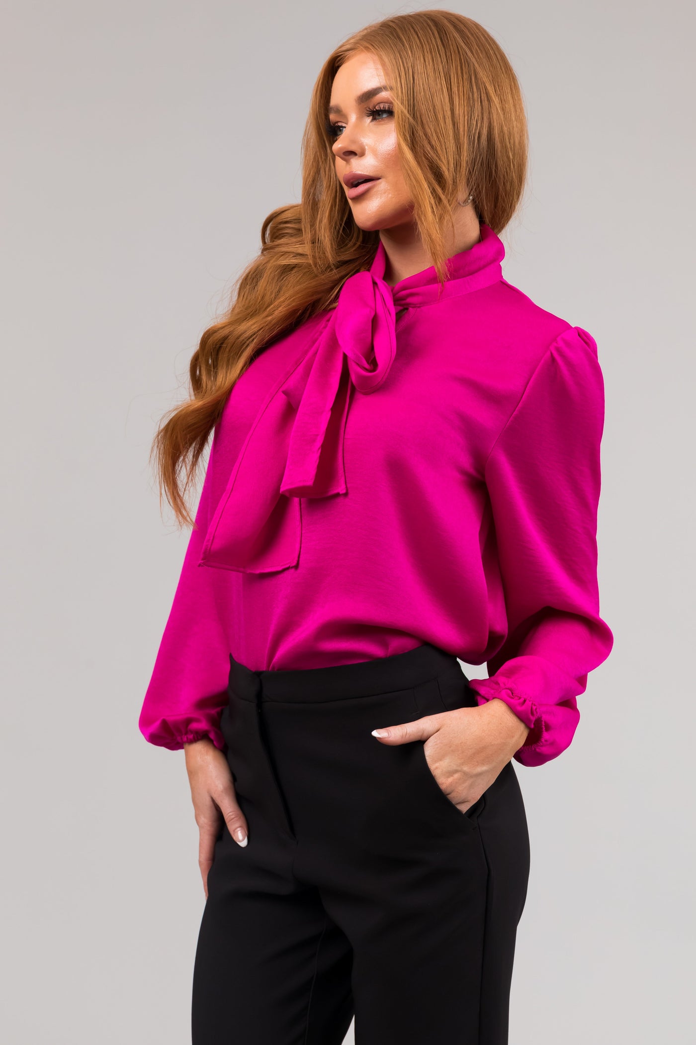 Fuchsia Bow Tie Neck Long Sleeve Satin Blouse