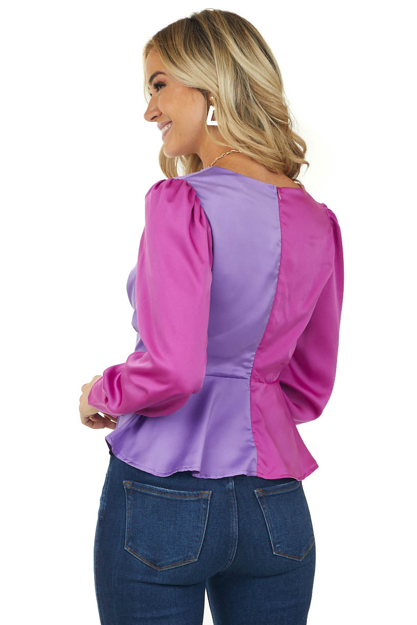 Fuchsia Colorblock Long Sleeve Satin Blouse