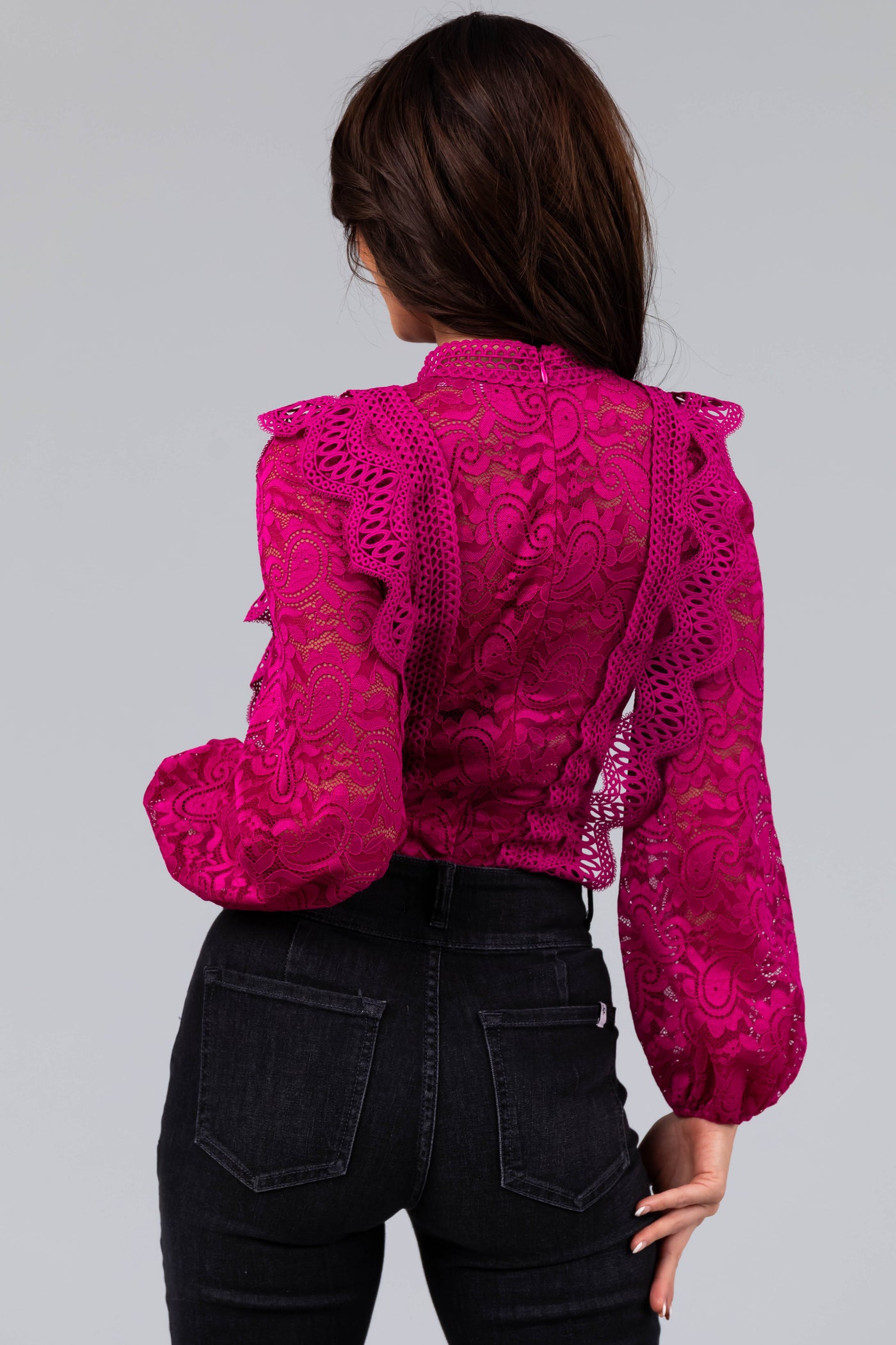 Fuchsia Crochet Lace Long Sleeve Bodysuit