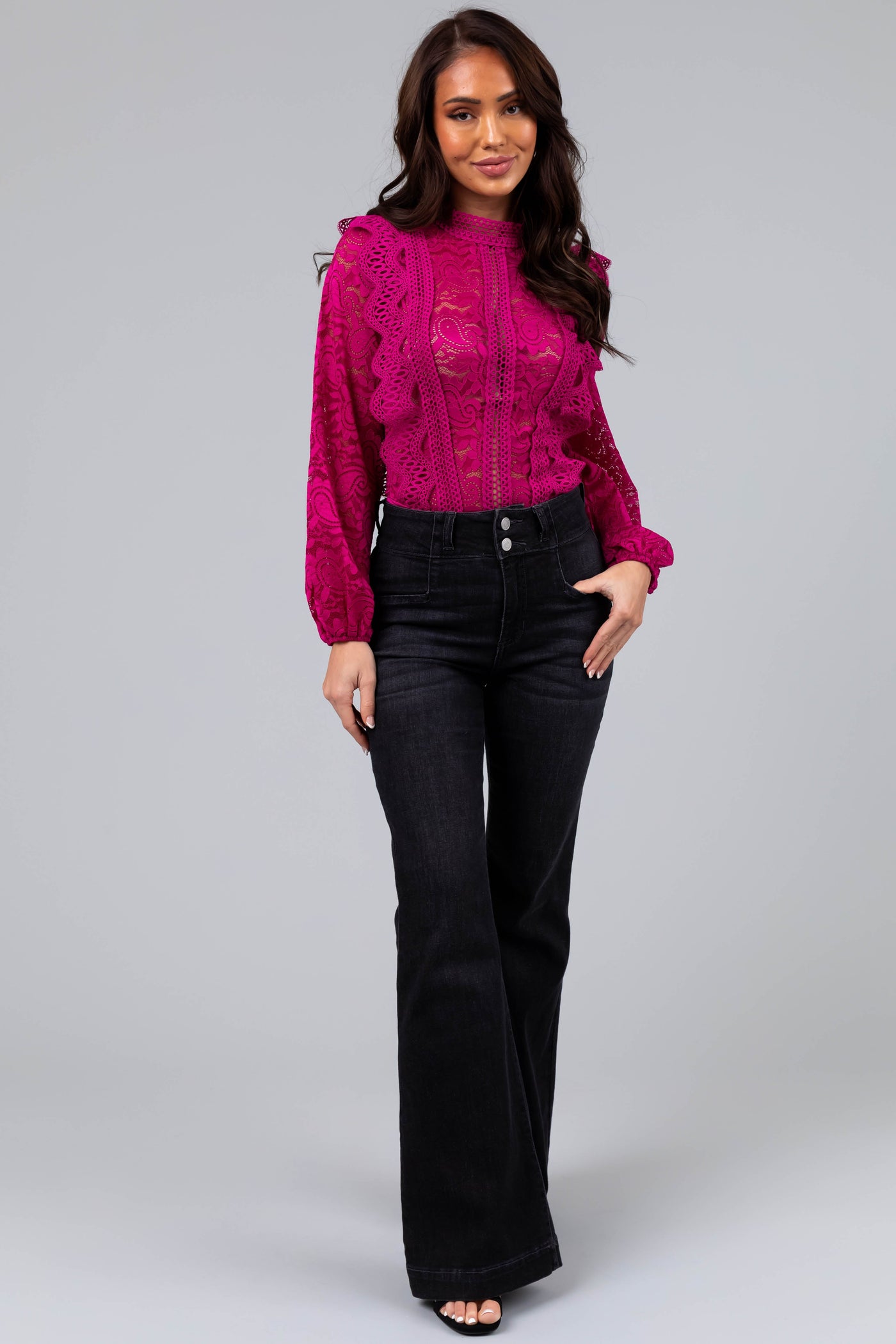 Fuchsia Crochet Lace Long Sleeve Bodysuit