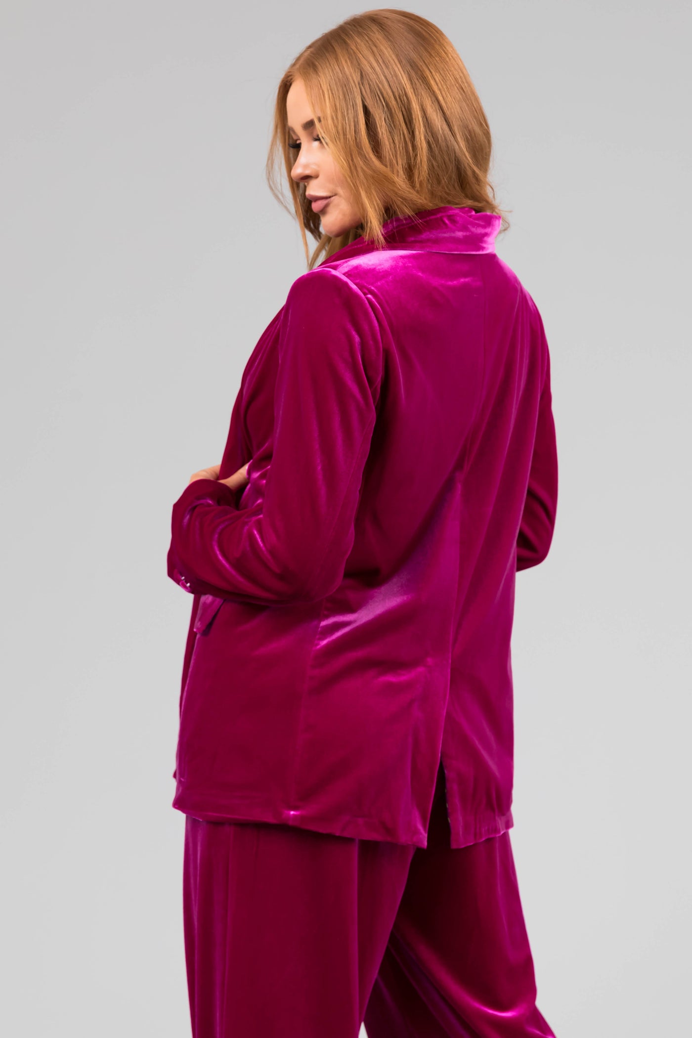 Fuchsia Double Button Velvet Blazer