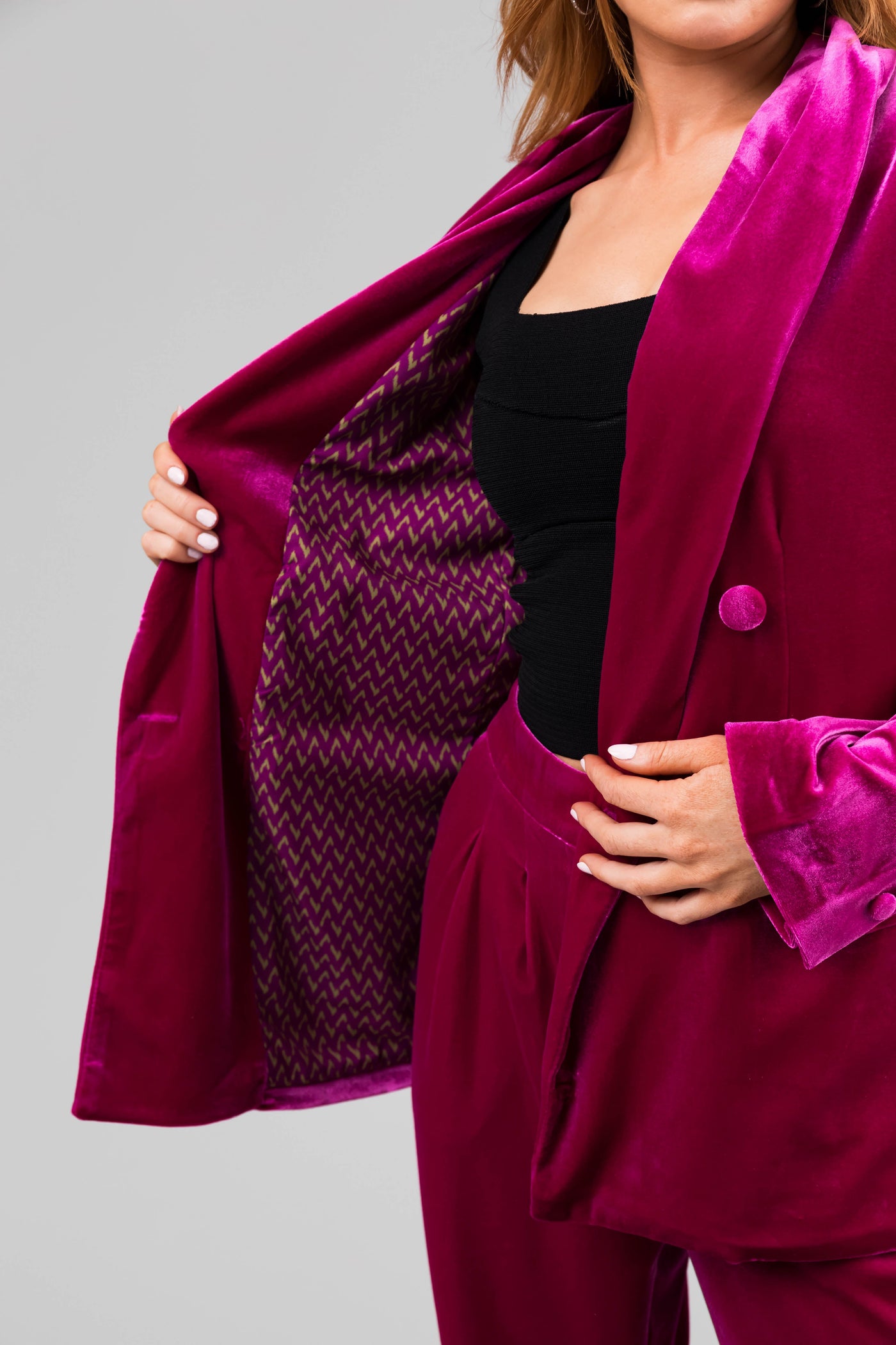Fuchsia Double Button Velvet Blazer