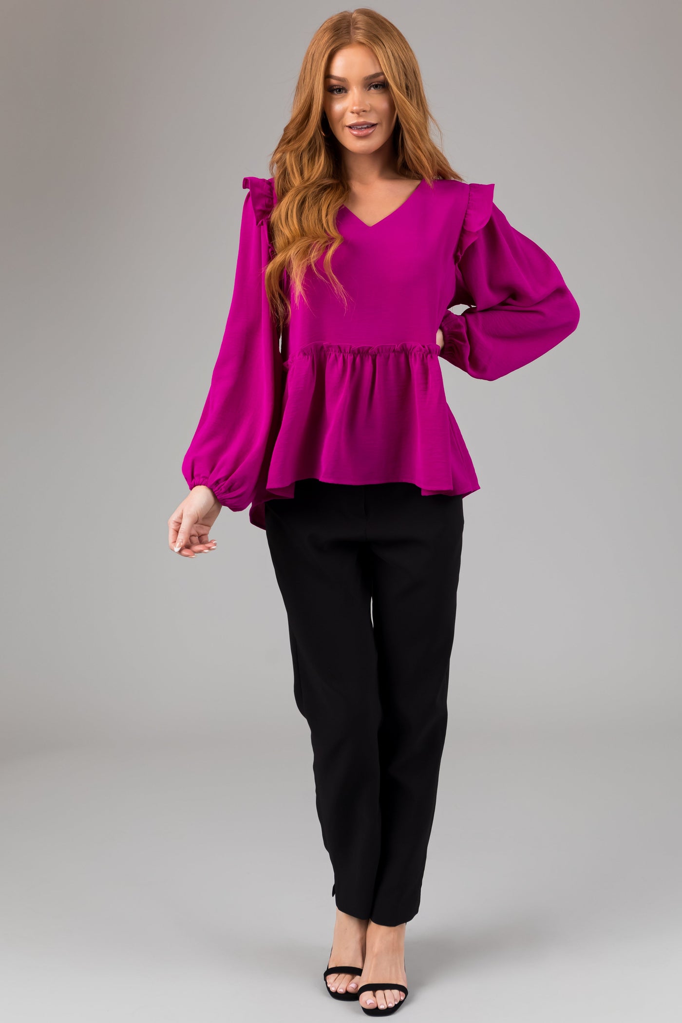 Fuchsia Drop Waist Bubble Sleeve Blouse