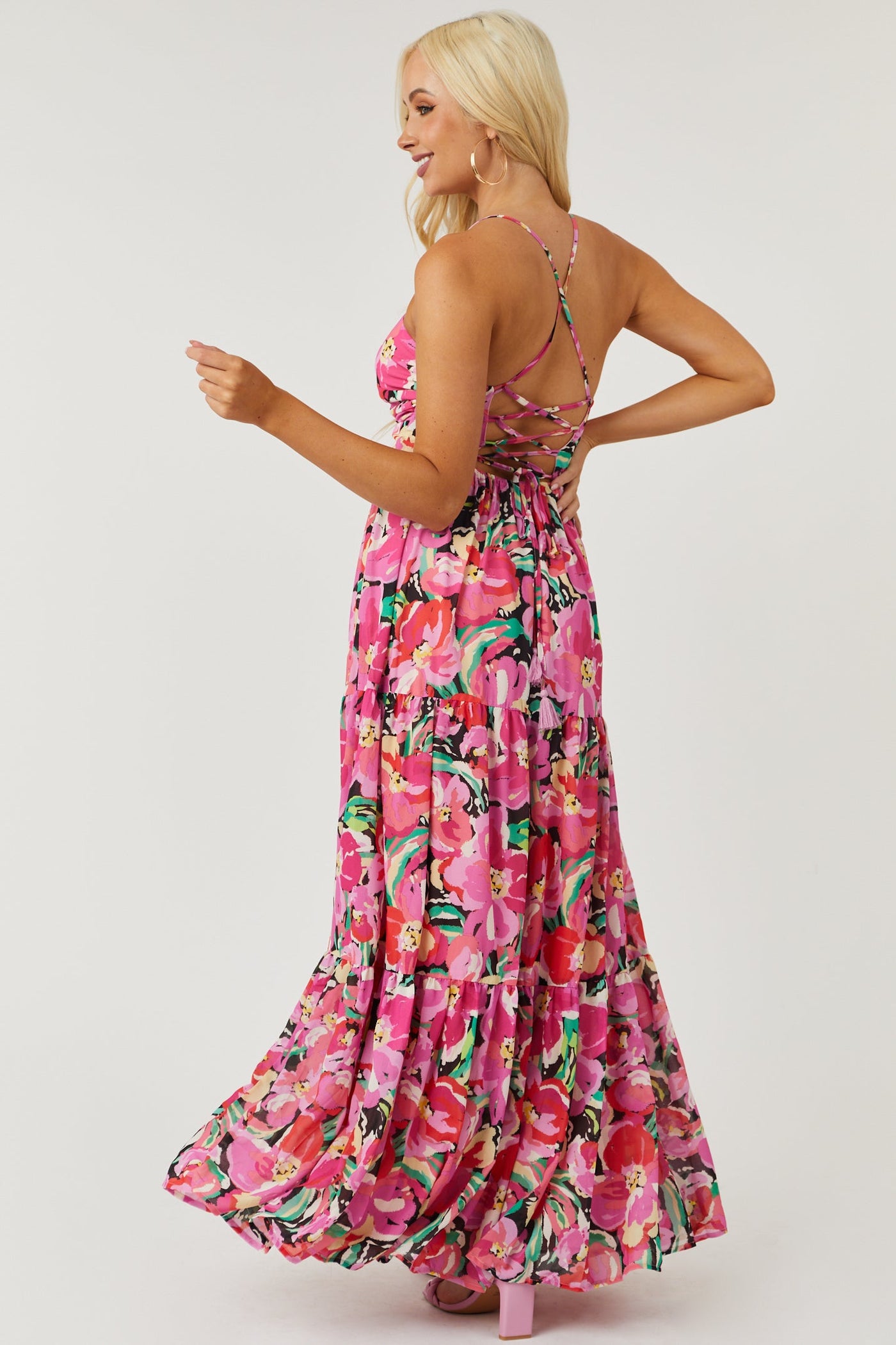 Fuchsia Floral Print Sweetheart Neck Tiered Maxi Dress
