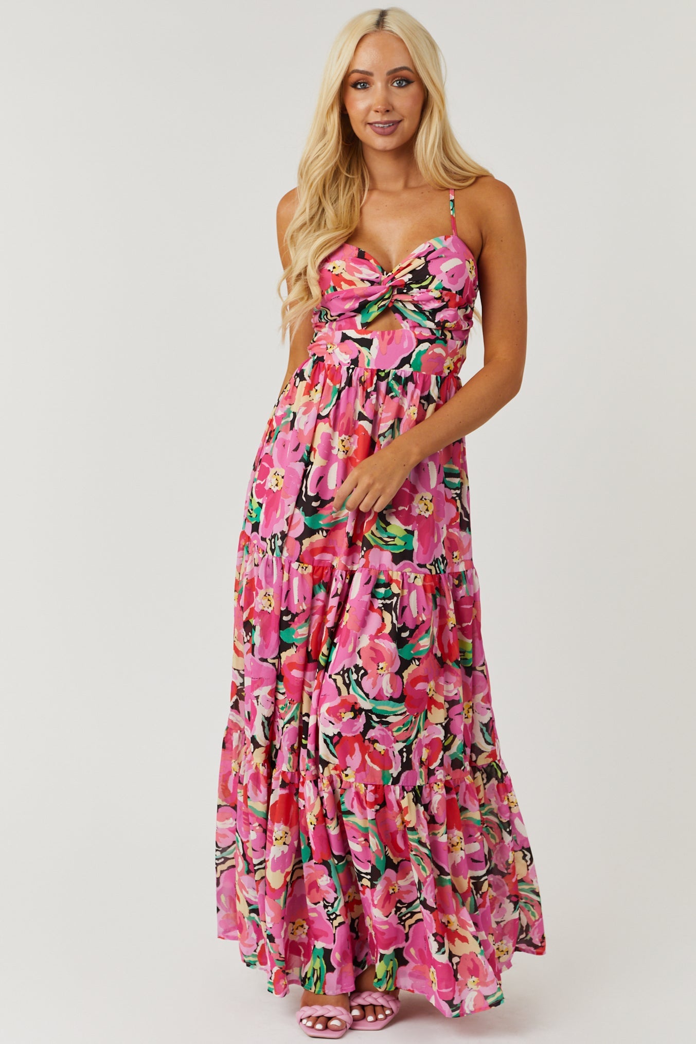 Fuchsia Floral Print Sweetheart Neck Tiered Maxi Dress