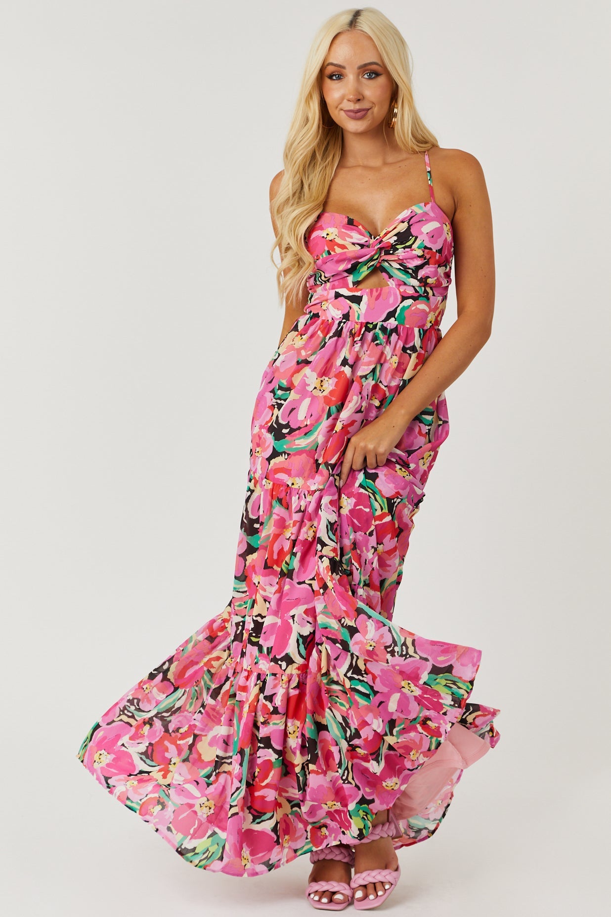 Fuchsia Floral Print Sweetheart Neck Tiered Maxi Dress