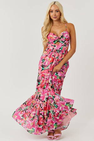 Fuchsia Floral Print Sweetheart Neck Tiered Maxi Dress