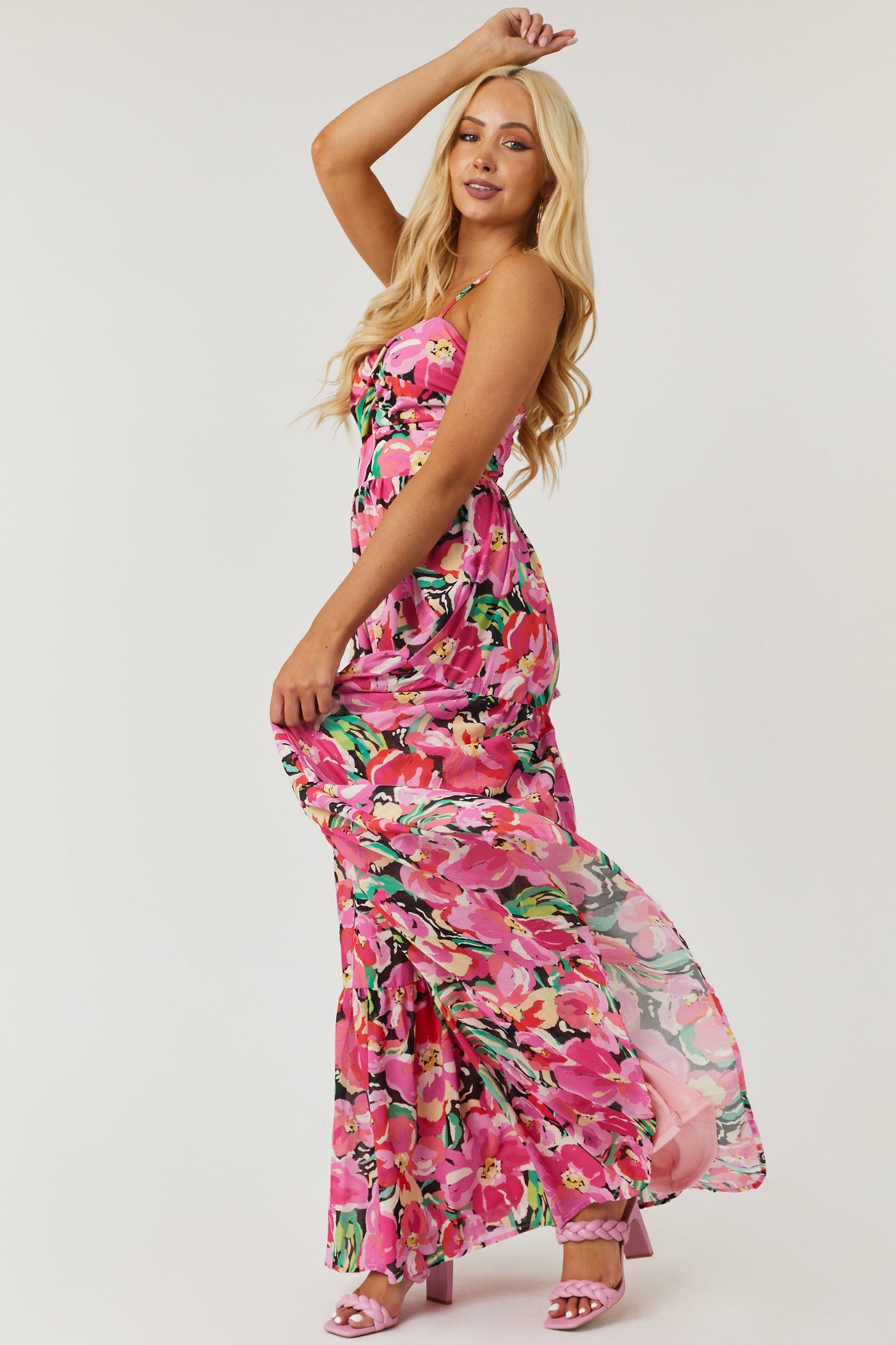 Fuchsia Floral Print Sweetheart Neck Tiered Maxi Dress