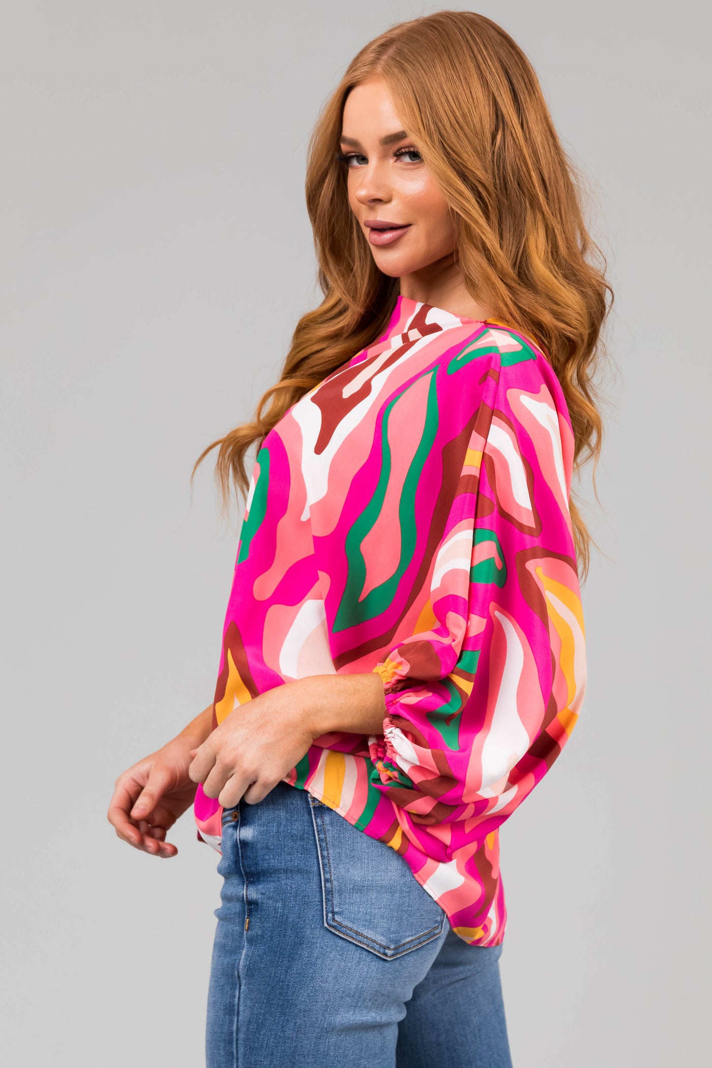 Fuchsia Multicolor Abstract Dolman Sleeve Blouse