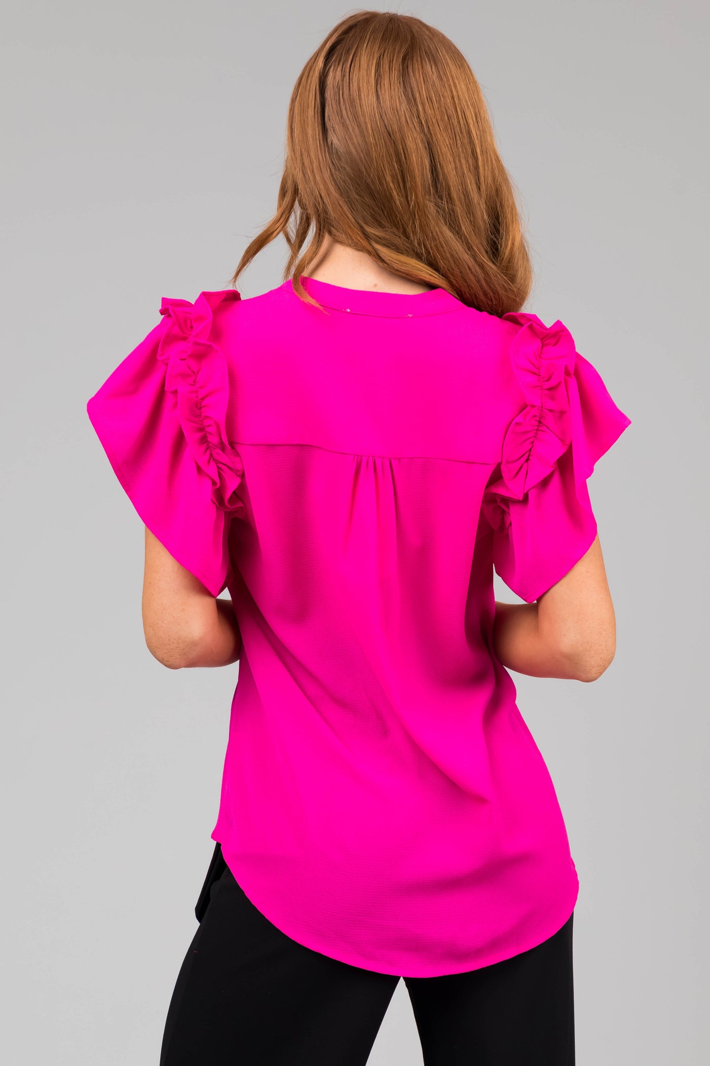 Fuchsia Short Ruffle Sleeve V Neck Blouse