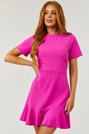 Fuchsia Short Sleeve Flute Hem Short Dress