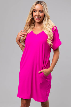 Fuchsia Soft V Neck Short Sleeve Mini Dress