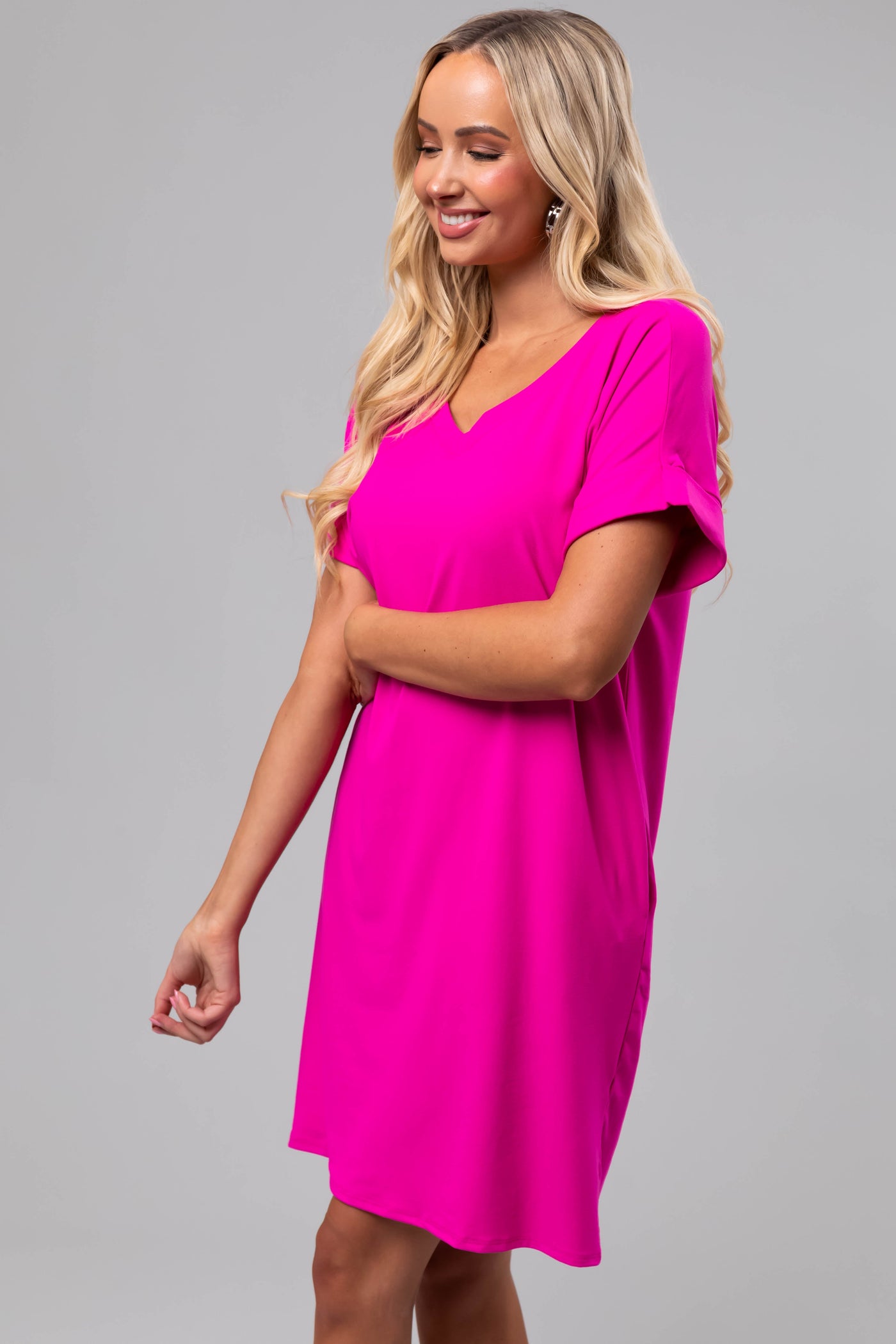 Fuchsia Soft V Neck Short Sleeve Mini Dress
