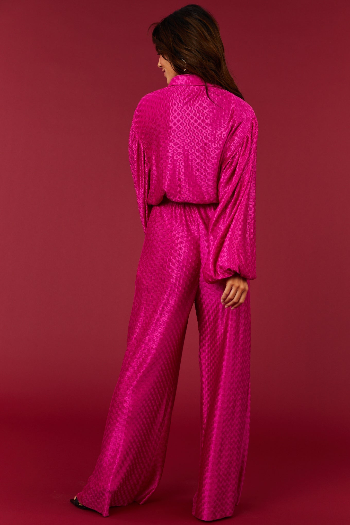 Fuchsia Wavy Texture Wide Leg Satin Pants
