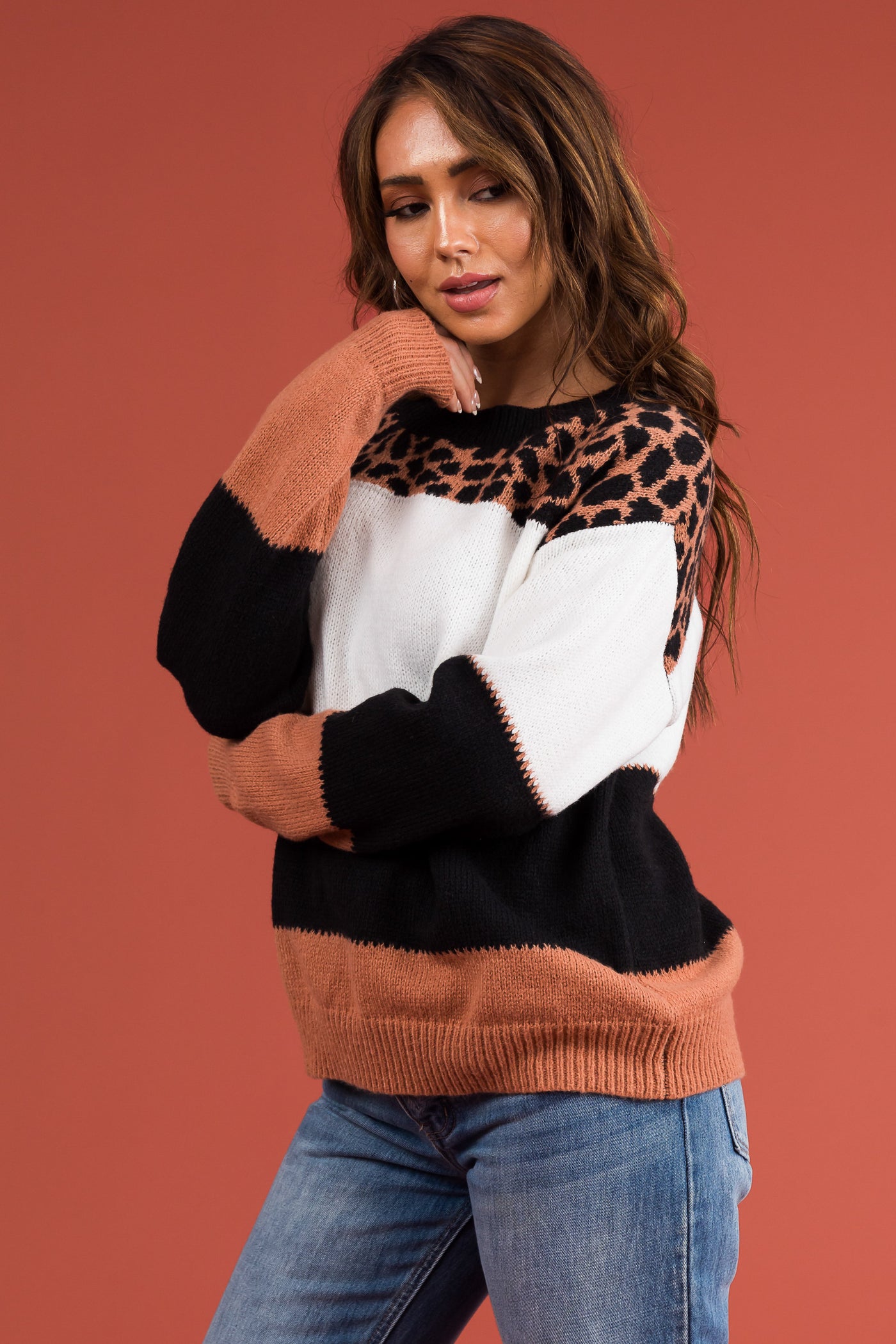 Ginger Animal Print Colorblock Long Sleeve Sweater