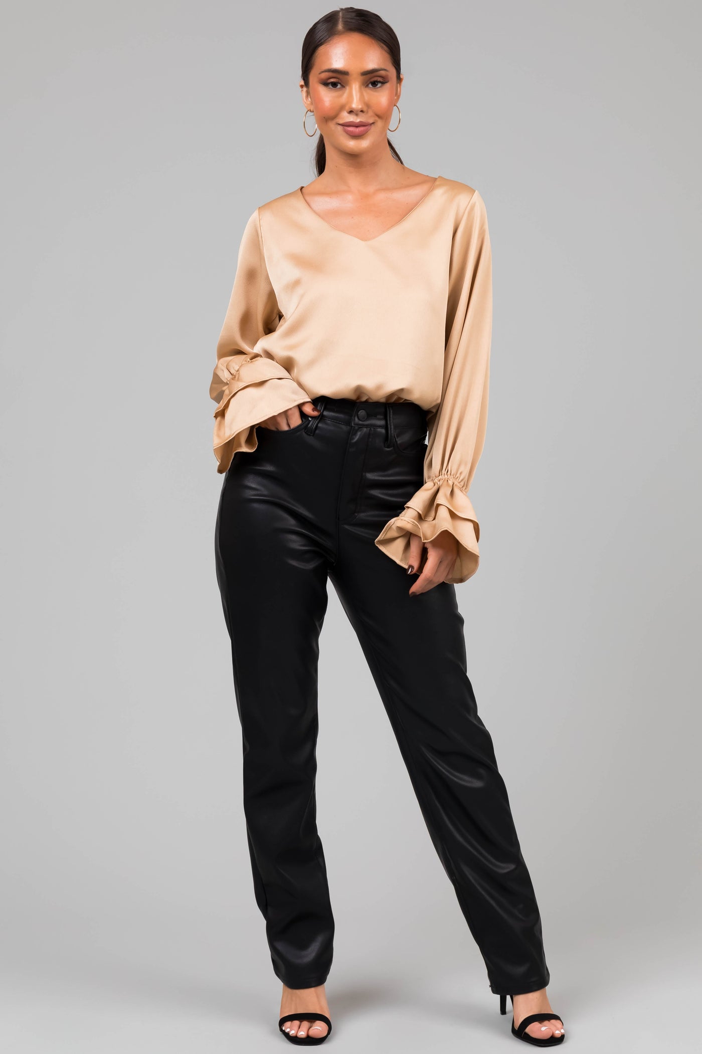 Gold V Neck Ruffle Cuff Satin Blouse