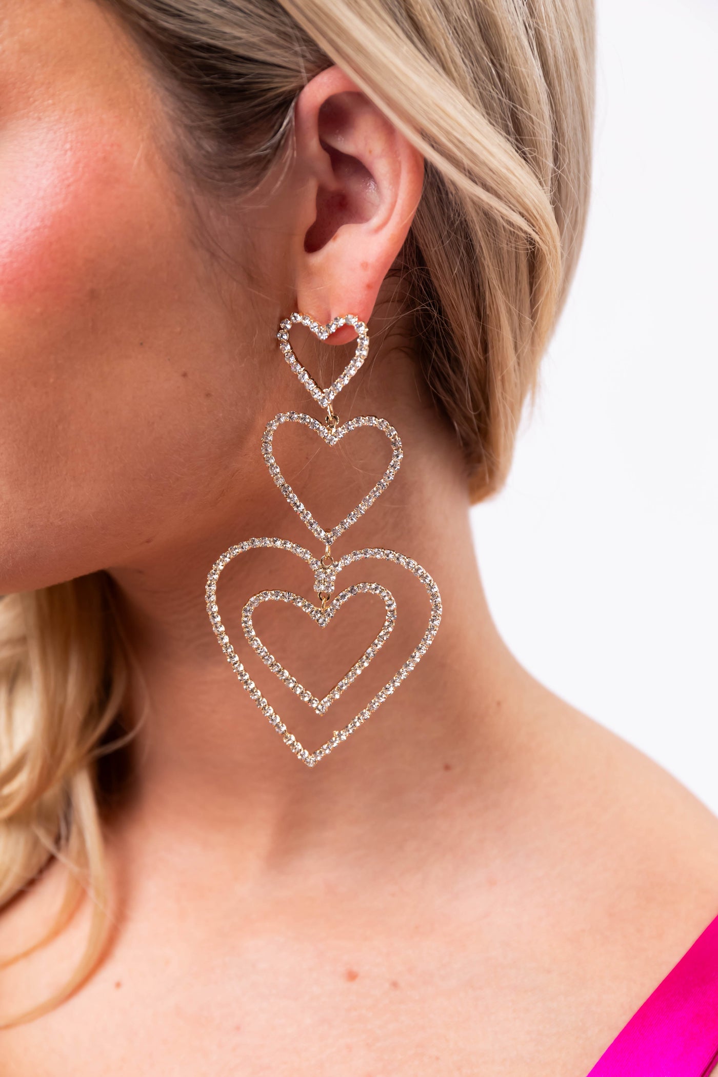 Gold Rhinestone Tiered Heart Dangle Earrings