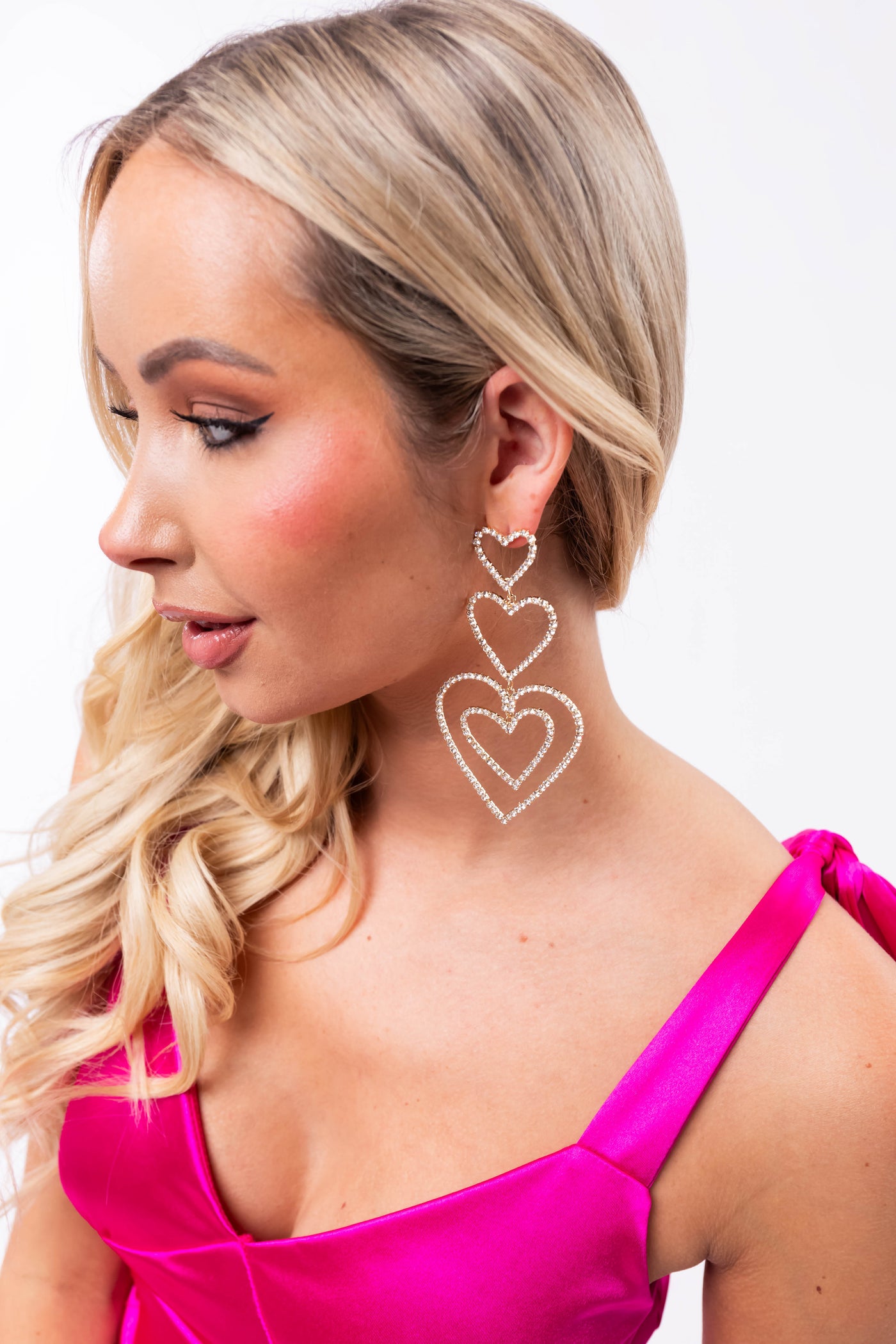 Gold Rhinestone Tiered Heart Dangle Earrings