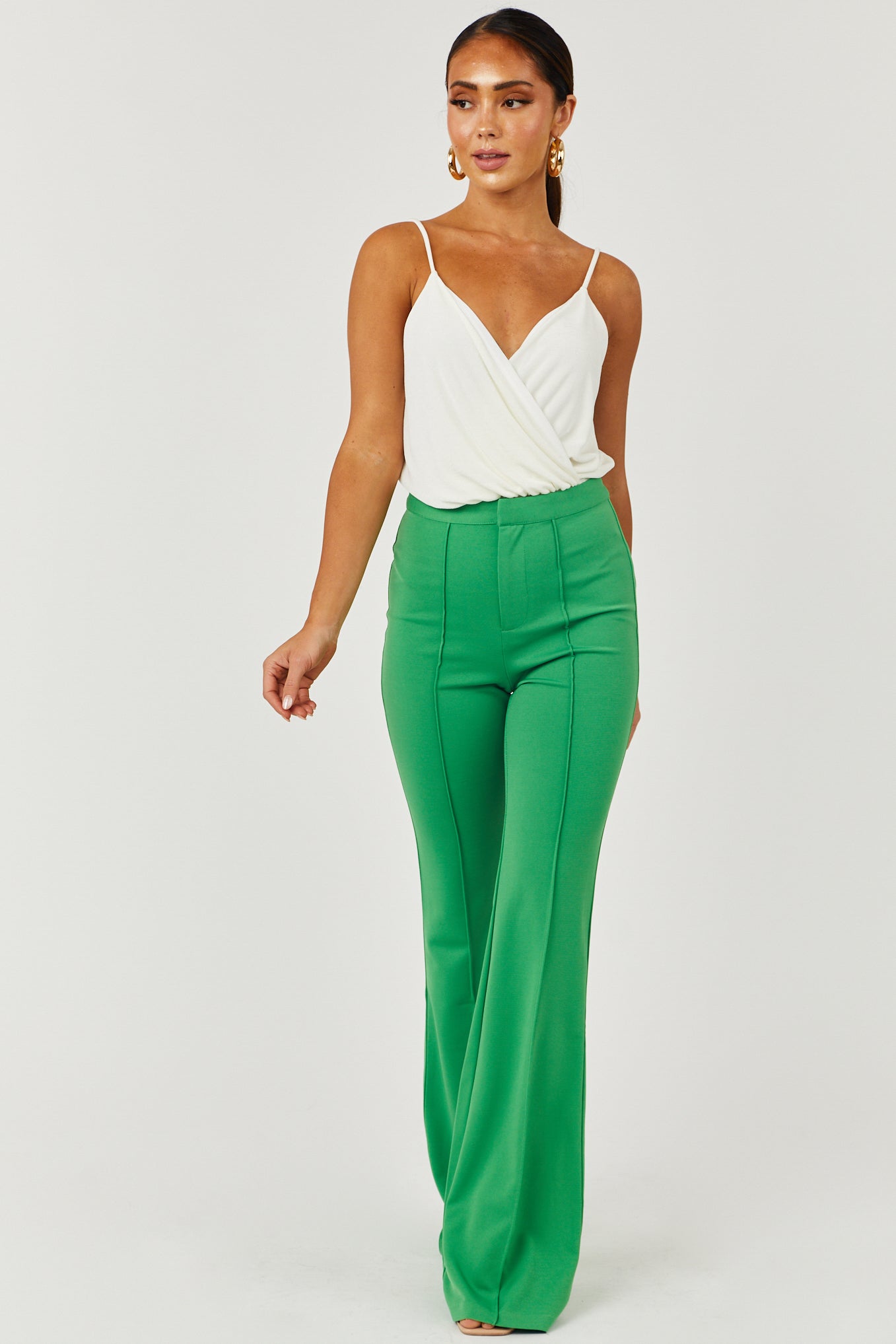 Green High Rise Flare Pants with Seam Detail