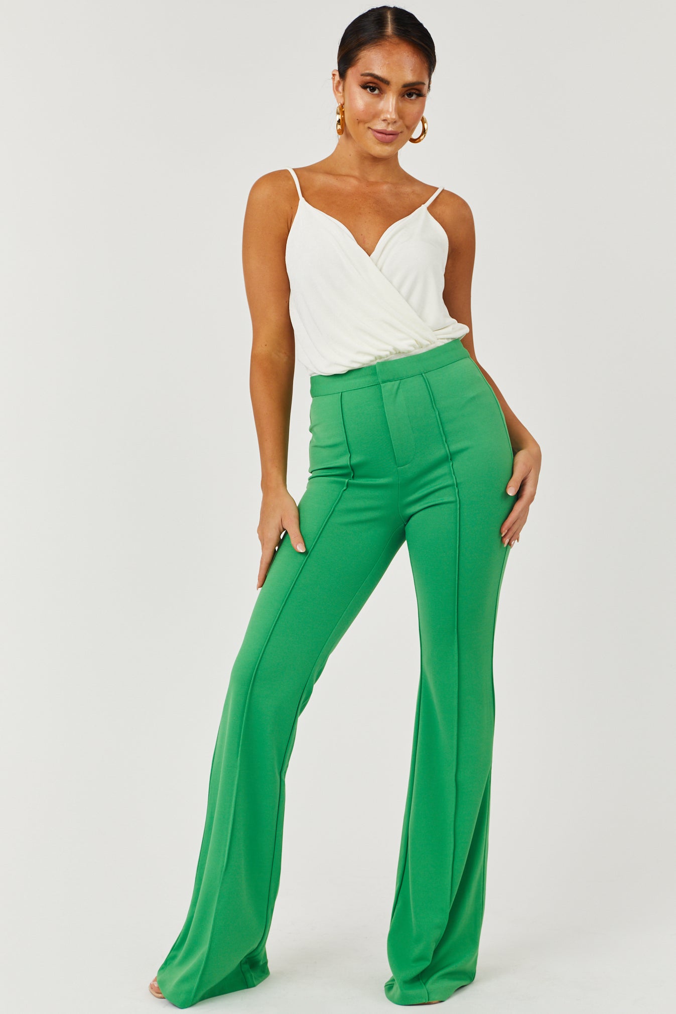 Green High Rise Flare Pants with Seam Detail