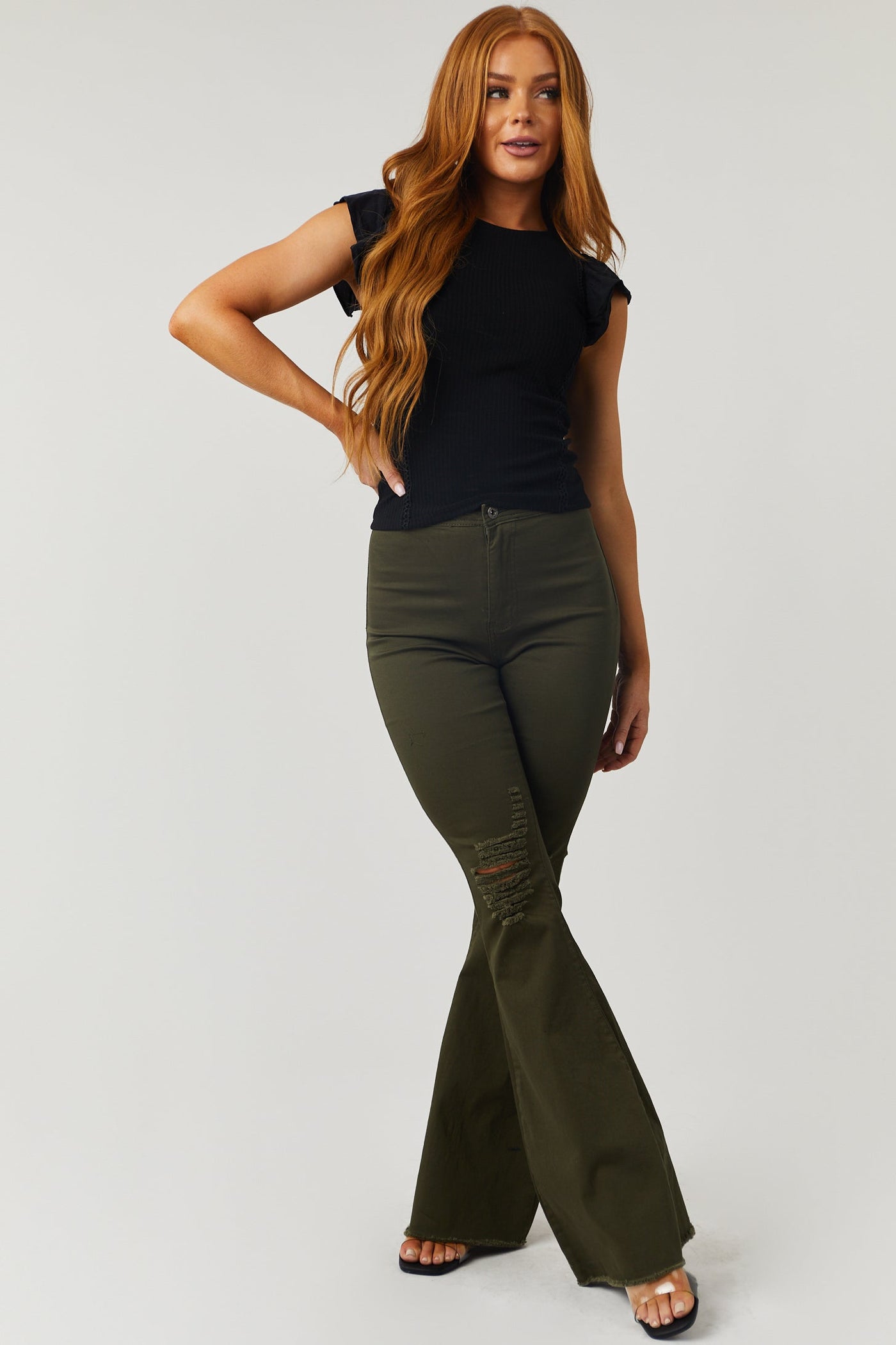 Hazel Dark Olive High Rise Flare Jeans