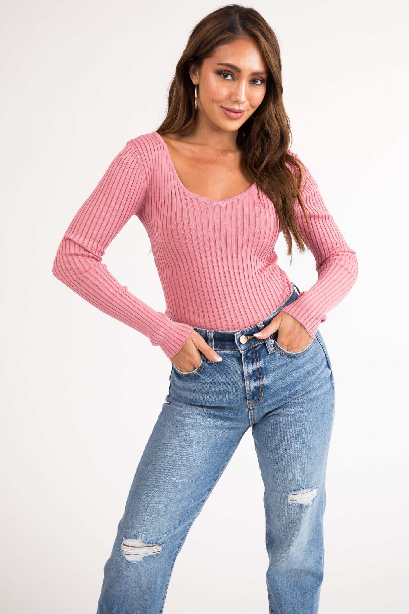 Hazy Pink Long Sleeve Ribbed Knit Bodysuit