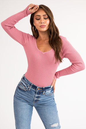 Hazy Pink Long Sleeve Ribbed Knit Bodysuit