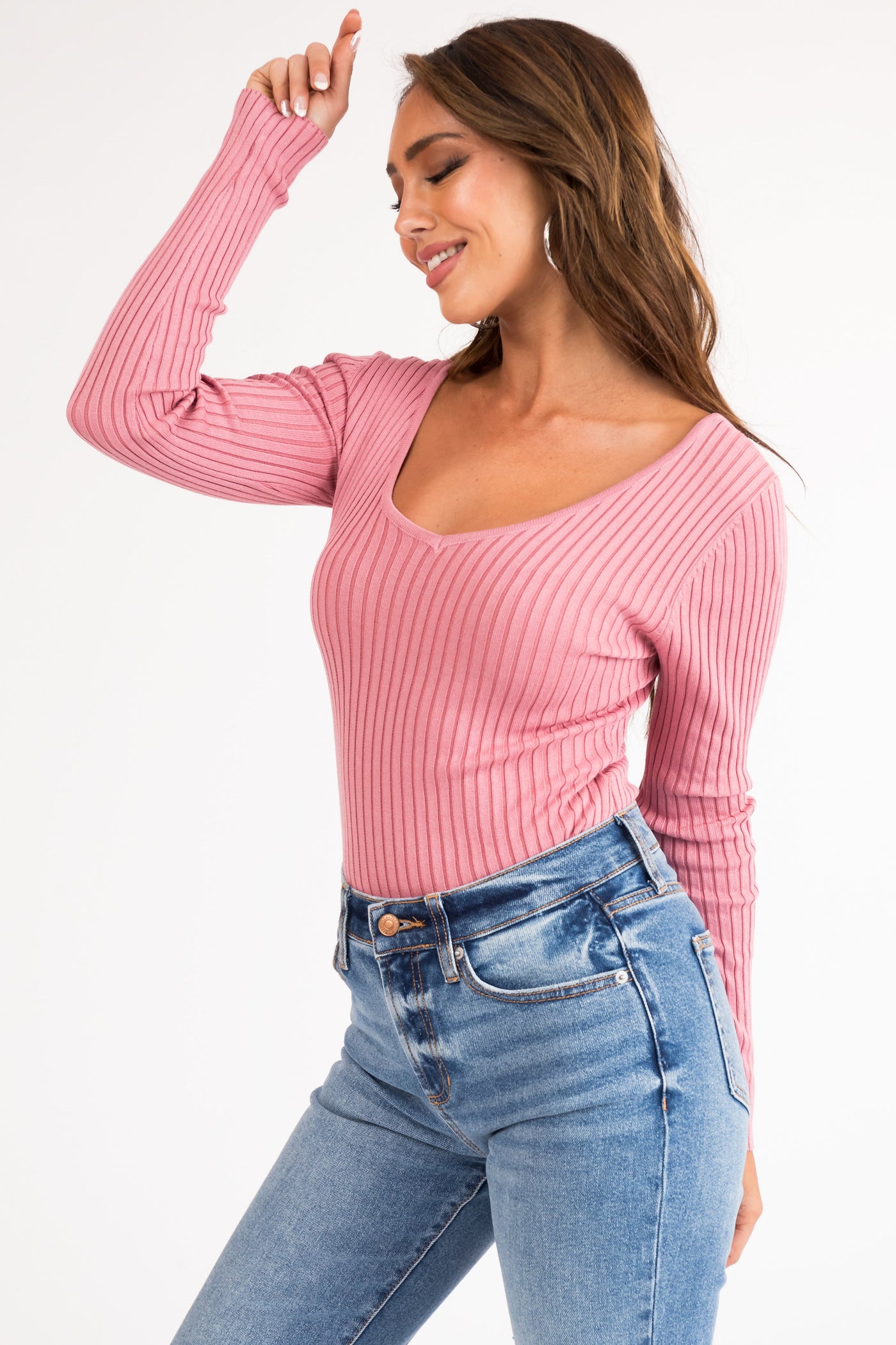 Hazy Pink Long Sleeve Ribbed Knit Bodysuit