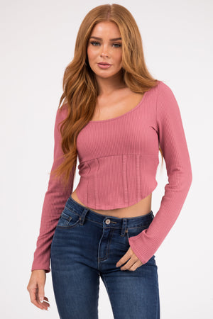 Hazy Rose Corset Hem Ribbed Babydoll Crop Top