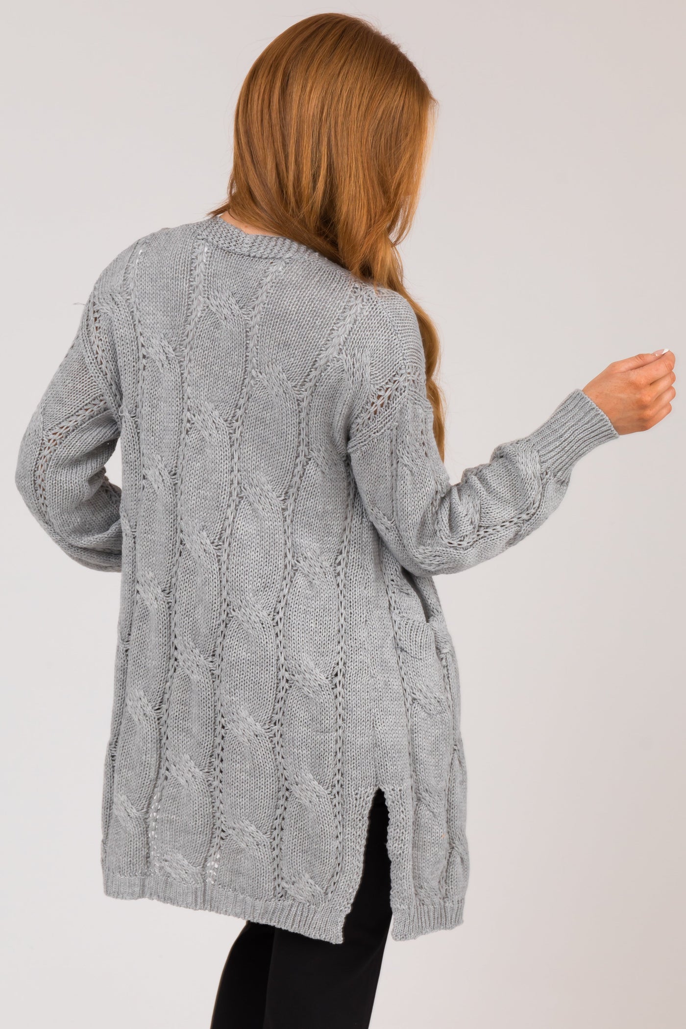 Heather Grey Eyelet Cable Knit Cardigan