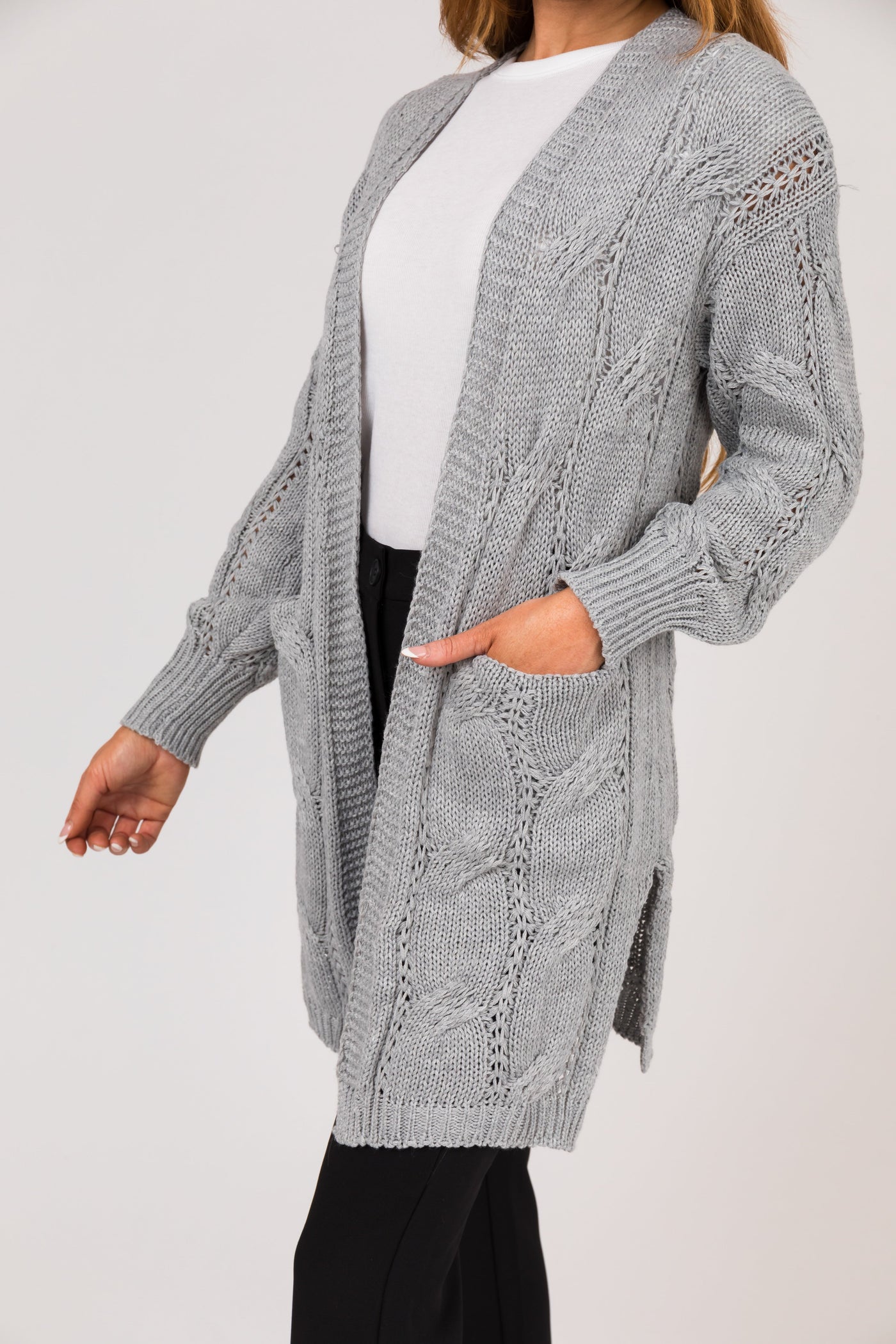Heather Grey Eyelet Cable Knit Cardigan
