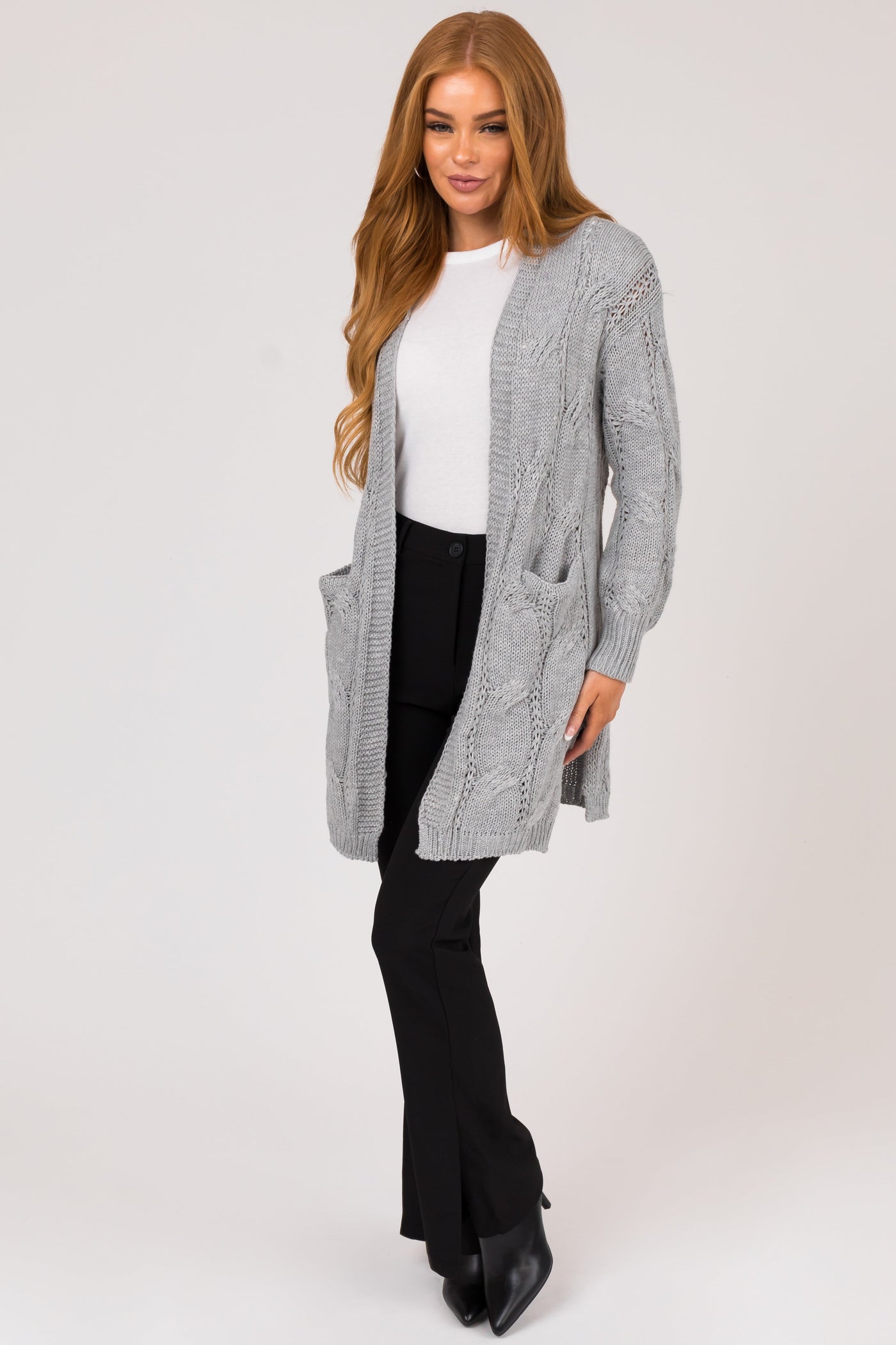 Heather Grey Eyelet Cable Knit Cardigan